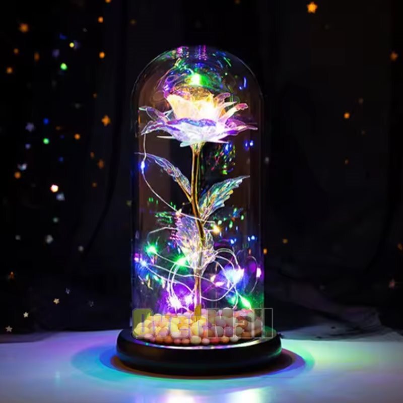 24K Gold Plated Dipped Rose Flower in glass dome Romantic Gift Love for mom girl