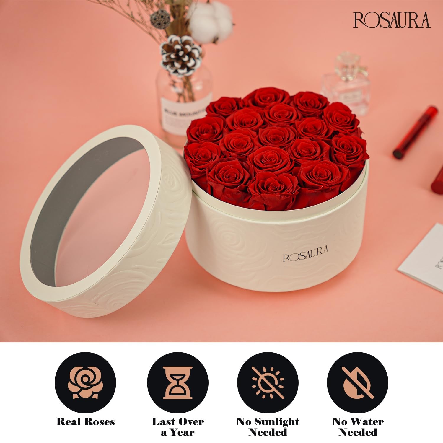 17 PCS Red Round Preserved Roses Gift Box Real Forever Flowers Anniversary