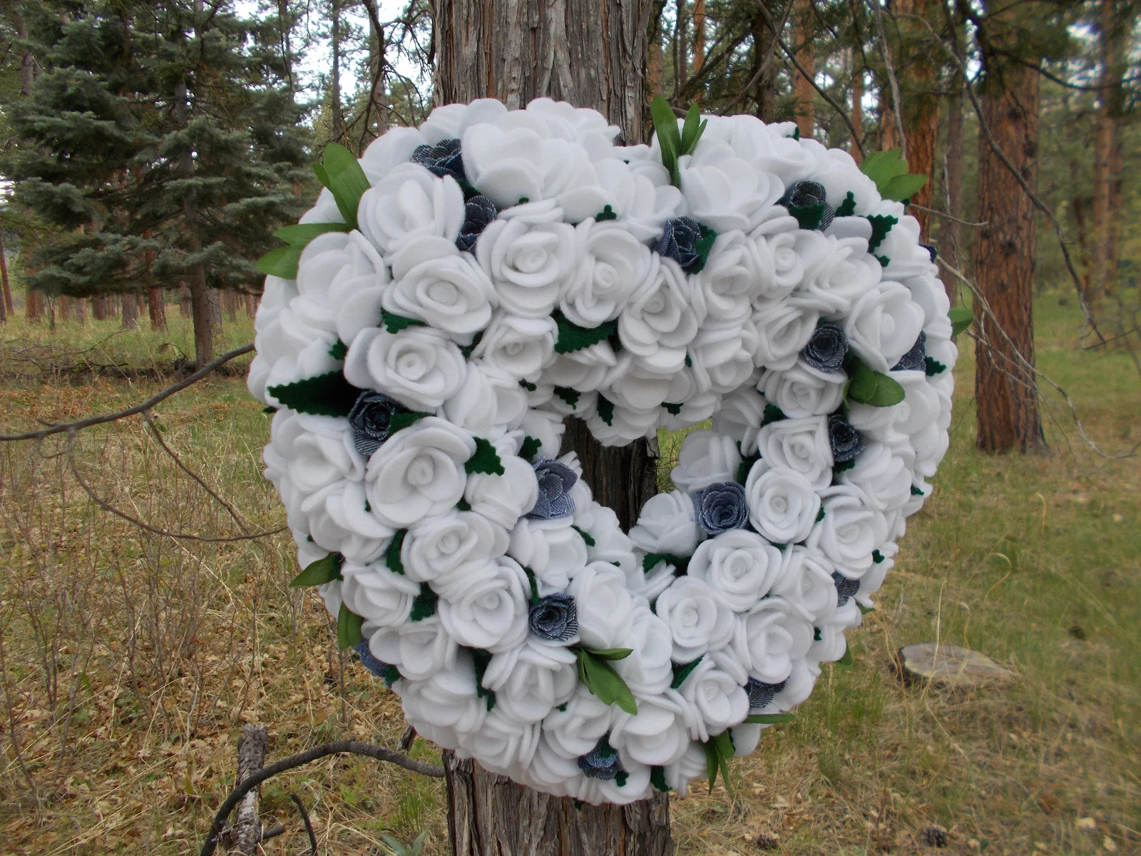 White Roses and Denim Roses Heart Shape Wall Hanging Country Barn Wedding Decor