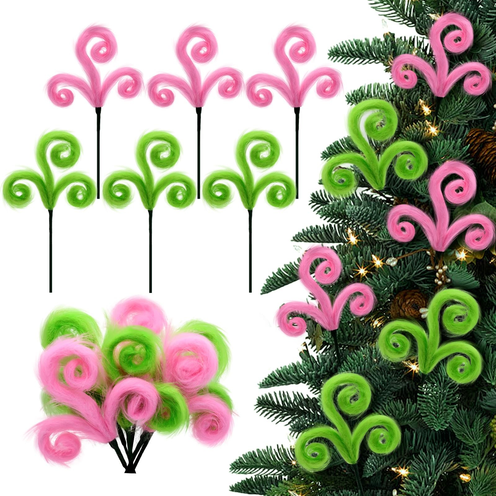6 PCS Pink Green Furry Christmas Tree Picks Spiral Curly Elf Branches Decor
