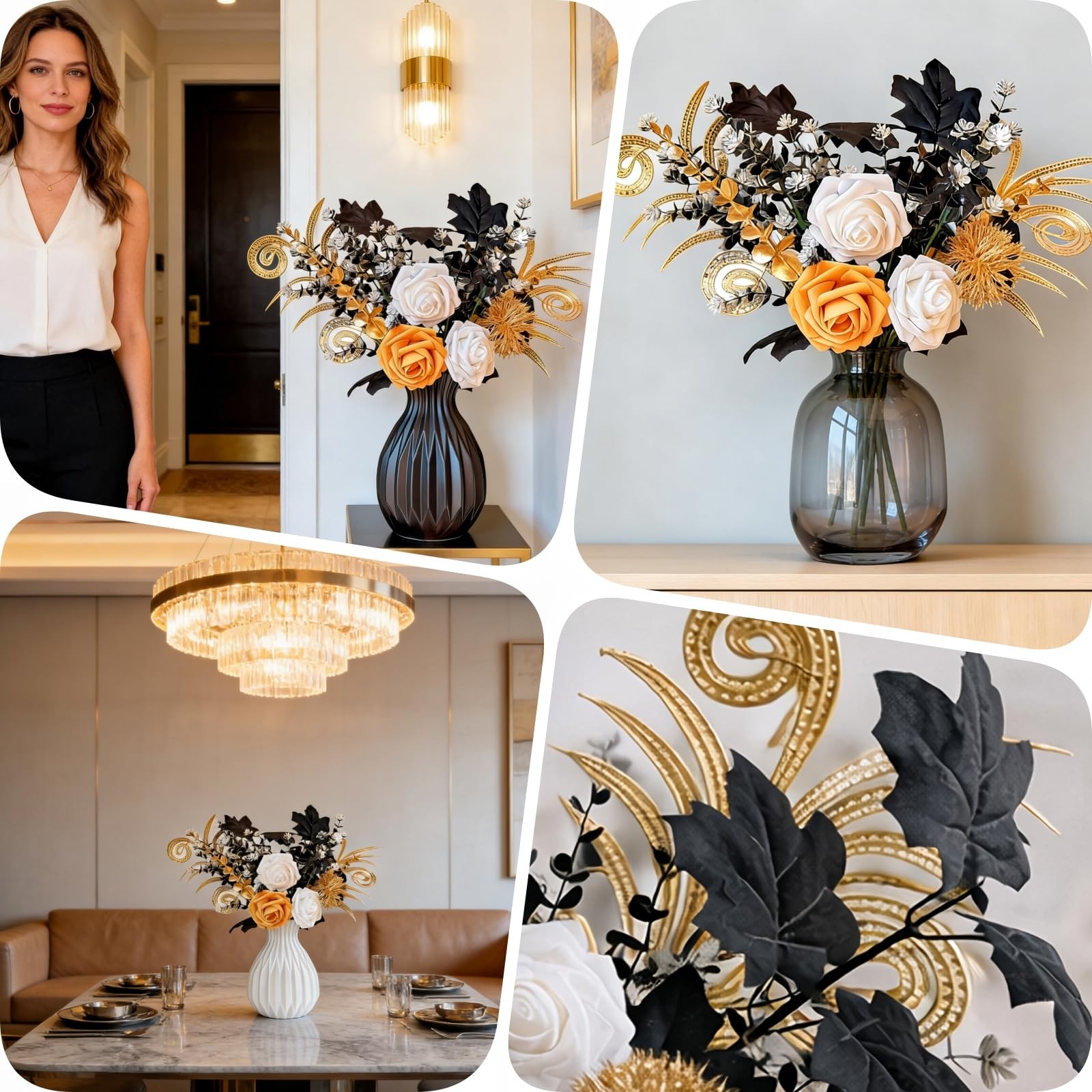 11 PCS 17 Inch Artificial Fake Rose Flowers Black Gold Gothic Bouquet Modern