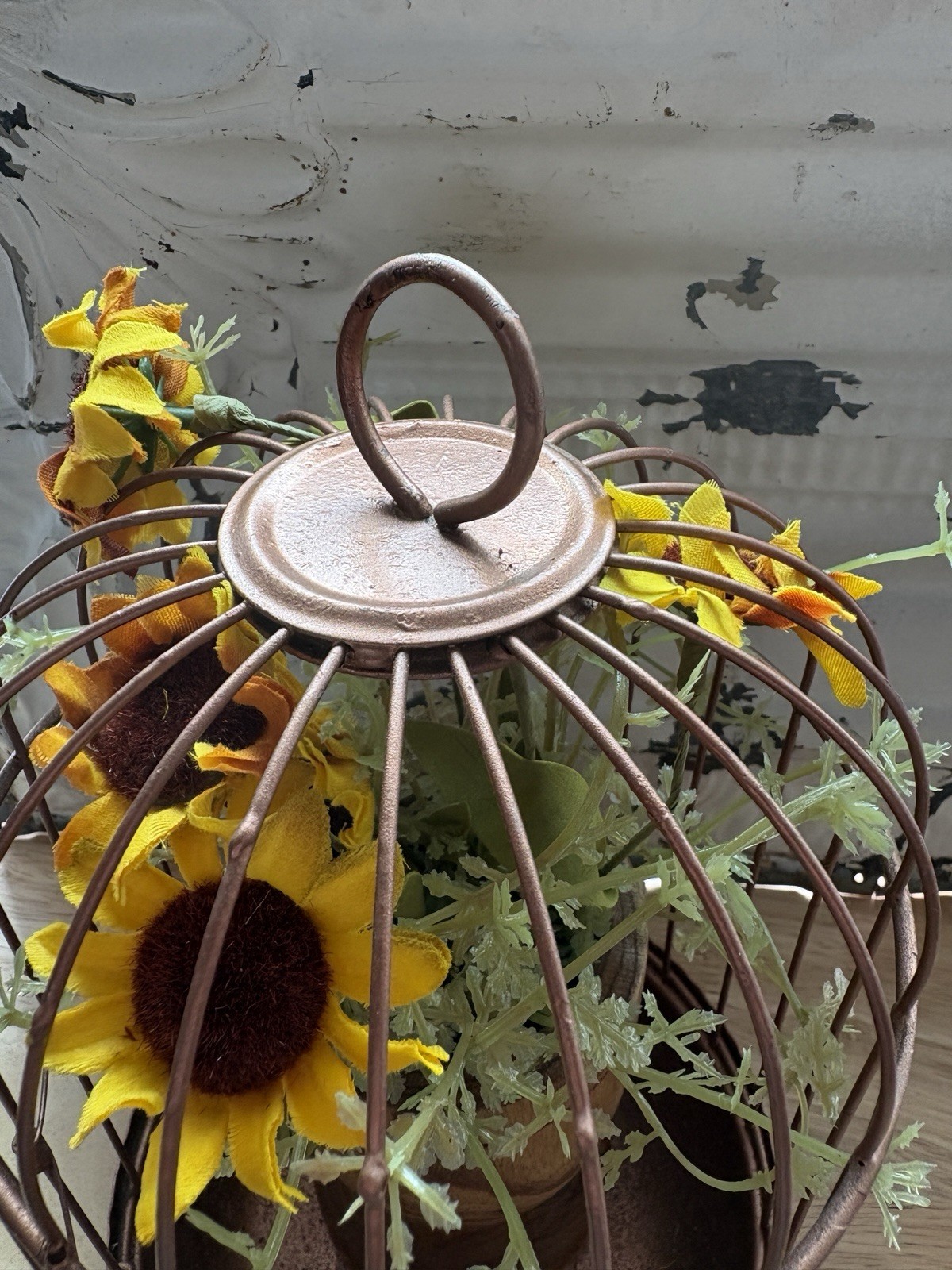 Decorative metal bird cage with wooden pedestal and faux florals #B5