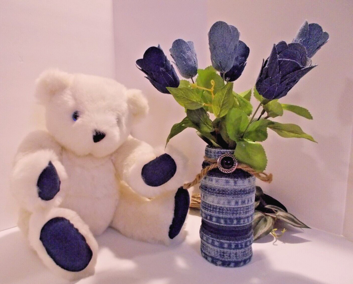 Handcrafted Denim 6 Rose Bouquet in Denim Seams Vase w Teddy Bear Upcycled Denim
