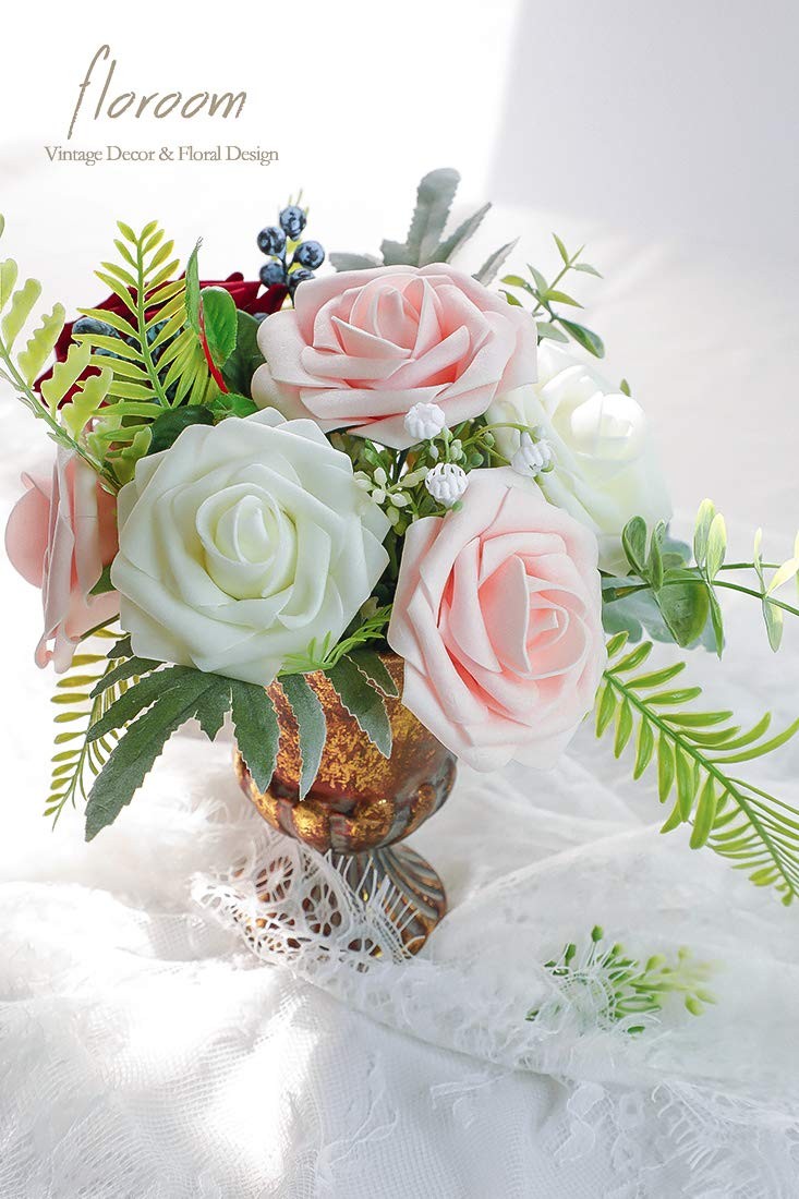 Artificial Flowers 25pcs Blush Foam Fake Roses with Stems for DIY Wedding