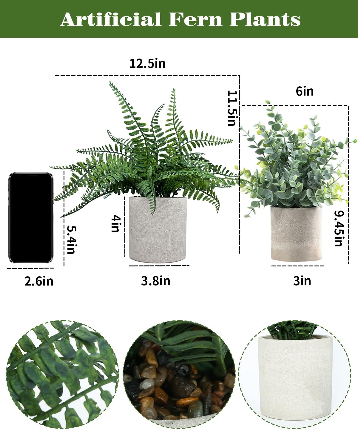12.5 Inch Small Fake Fern Potted Artificial Plants Shelf Home Decor Gray Pot