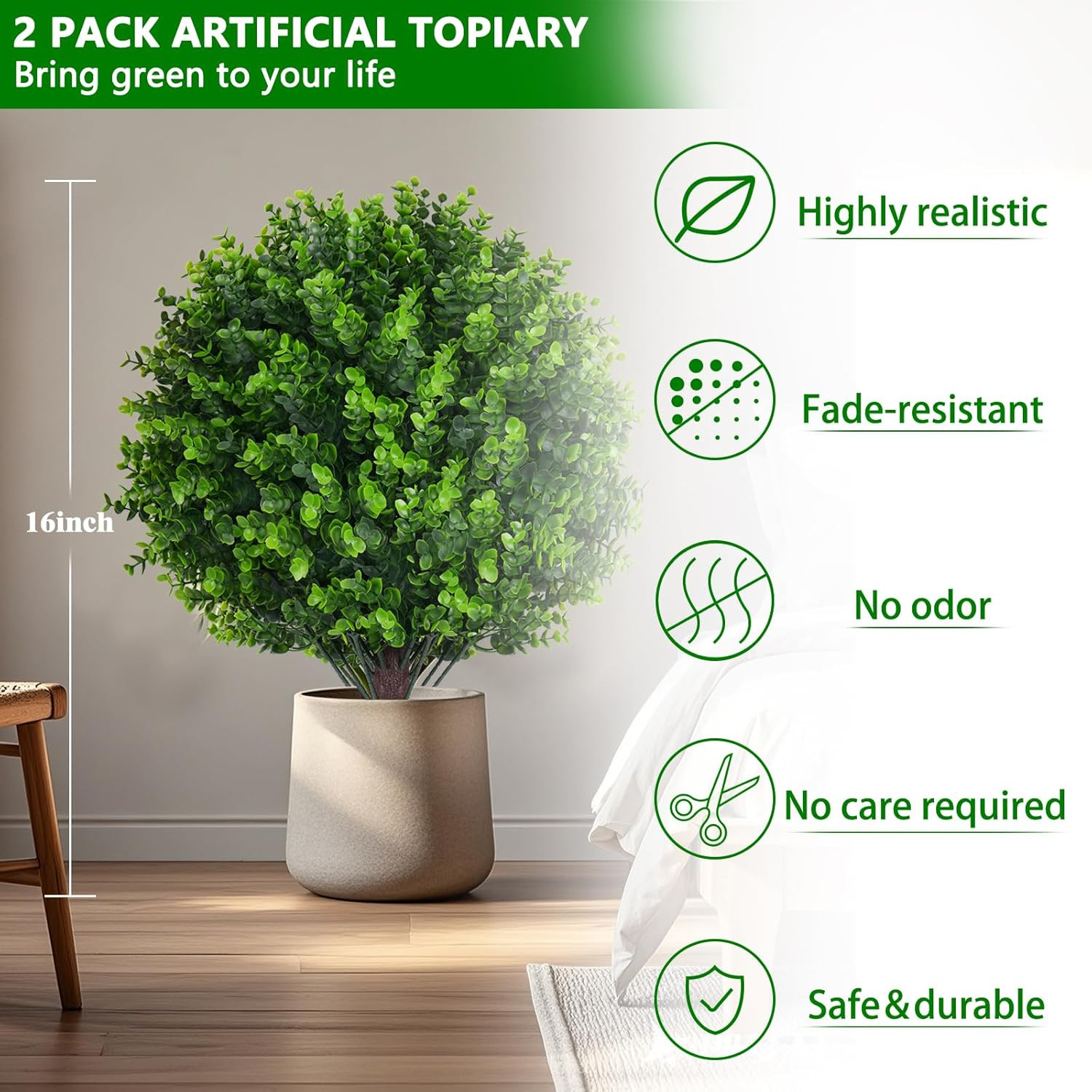 16″ UV Resistant Artificial Eucalyptus Topiary Ball Trees, 2 Pack