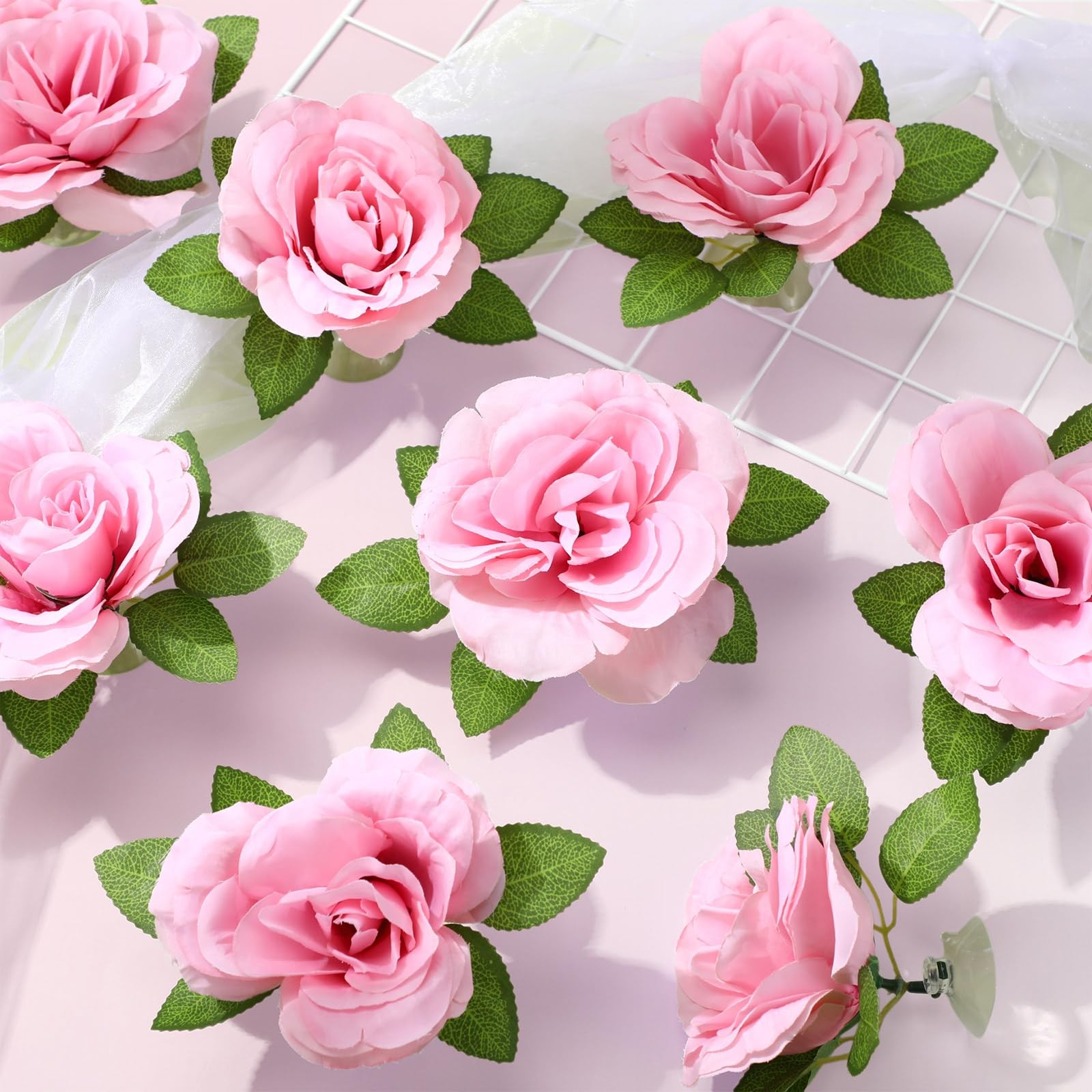 Wedding Car Decorations Pink Artificial Flowers Rose Bouquet Ribbon Set Decor