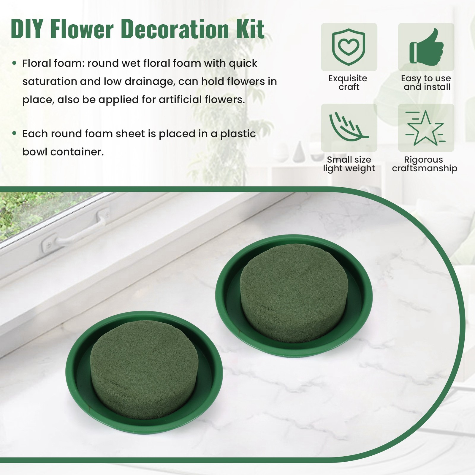 DIY Flower Arrangement Kit Green Round Wet Floral Foam, Wedding Aisle5707