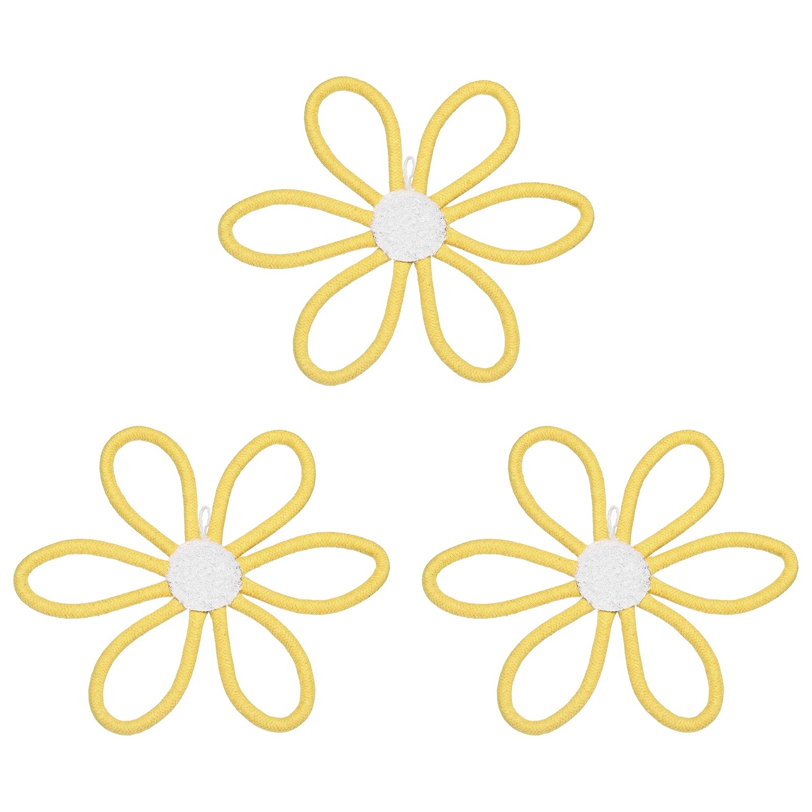3Pcs Daisies Floral Wall Decor 10″ Flower Art Decor Woven Macrame Yellow,