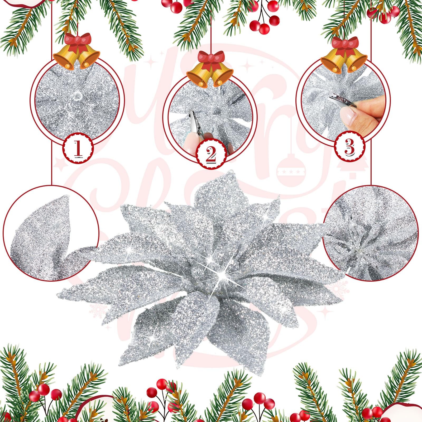 24 PCS Christmas Poinsettias Artificial Flowers Glitter Clip On Silver Decor