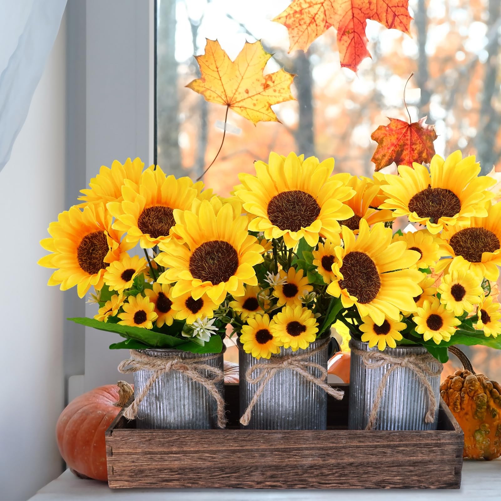 Set of 3 Artificial Sunflowers Metal Pot Centerpiece Farmhouse Sunflowers Flo…