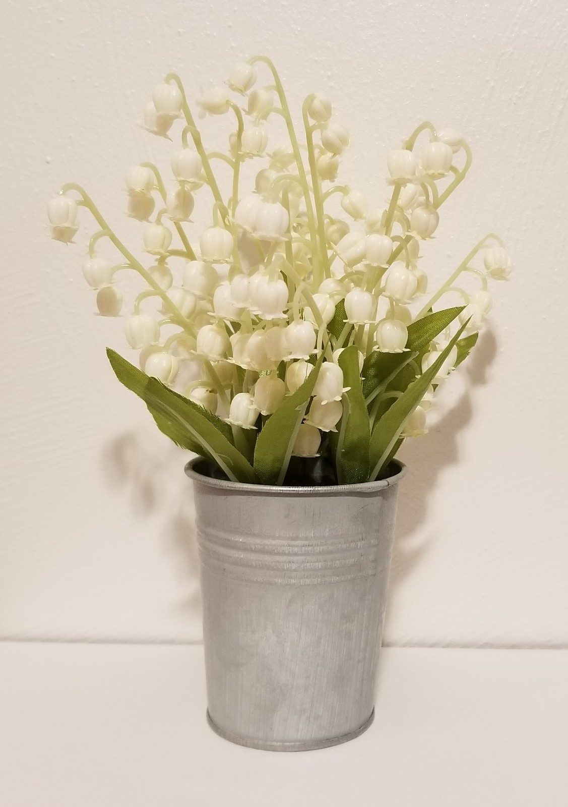 Lily of the Valley 8″ tall, white bell flowers, silver metal pot, Hobby Lobby