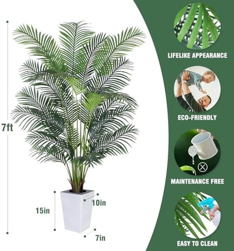 Artificial Palm Tree with White Tall Planter, 7ft Tall Potted Artificial Silk…