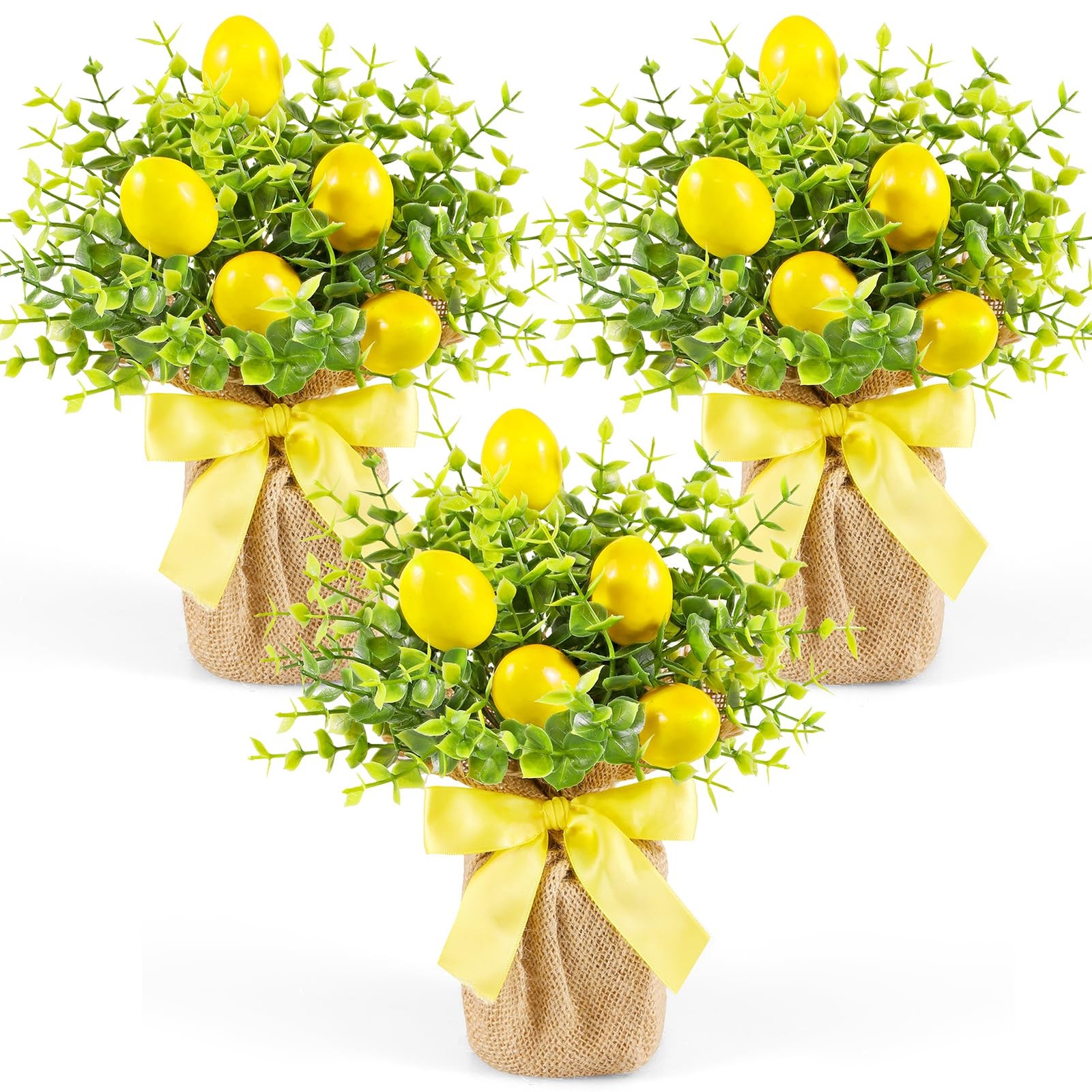 3 Pack Artificial Potted Lemon Flowers Plastic Faux Lemons in Small Burlap Ba…