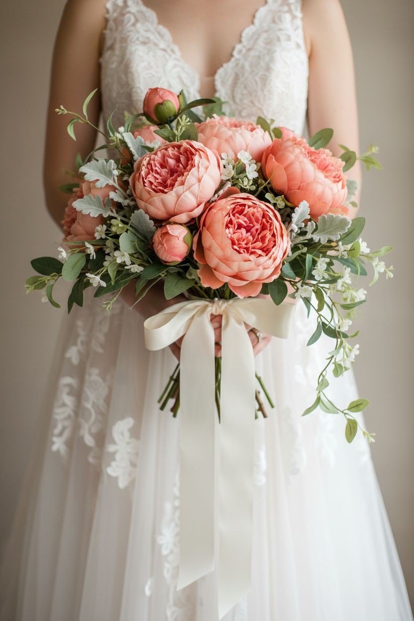 Faux Peony Stem Peach Coral 18 Inch Artificial Silk Flower Wedding Decor