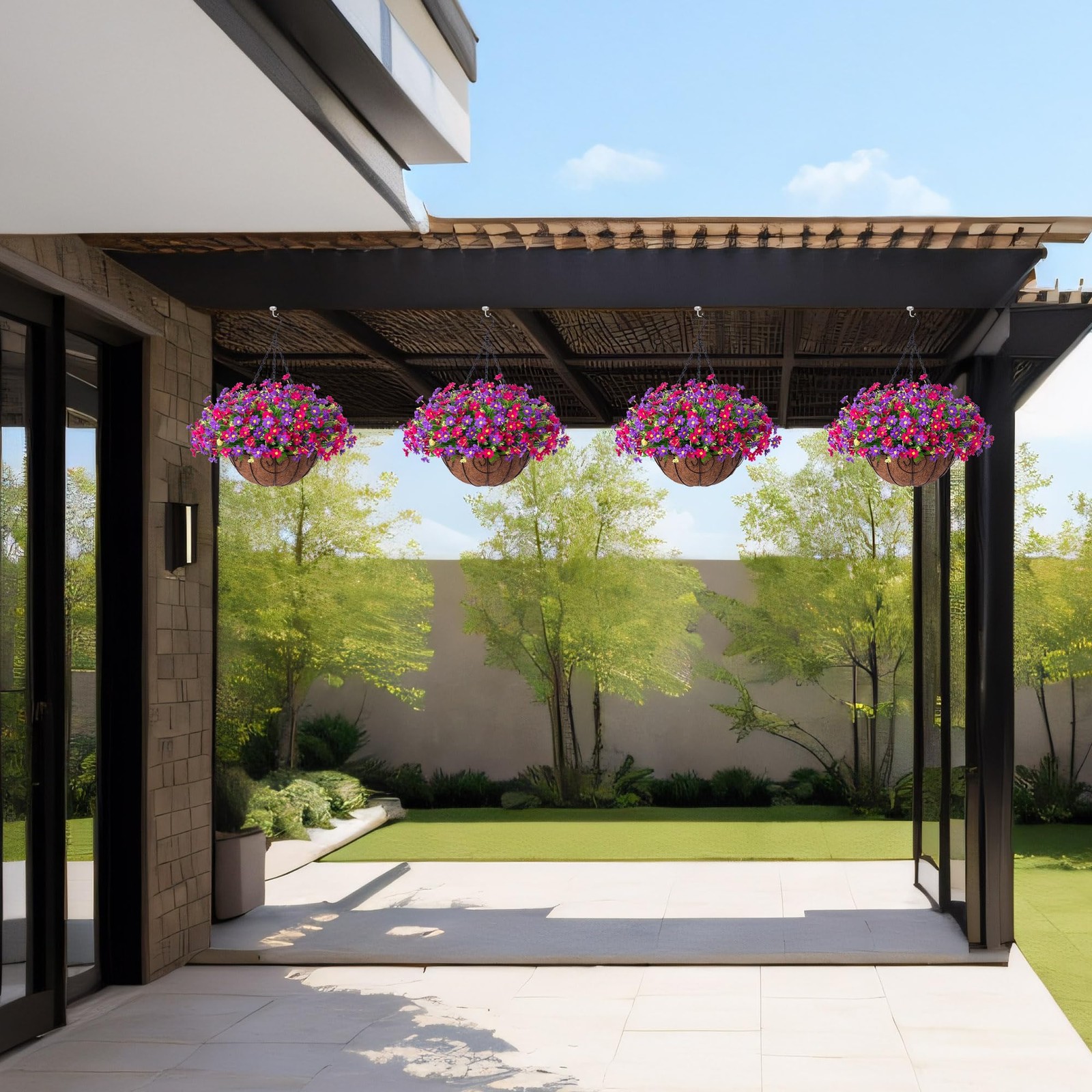 Ammyoo Artificial Hanging Flowers for Outdoor with Basket Fake Mums Plants