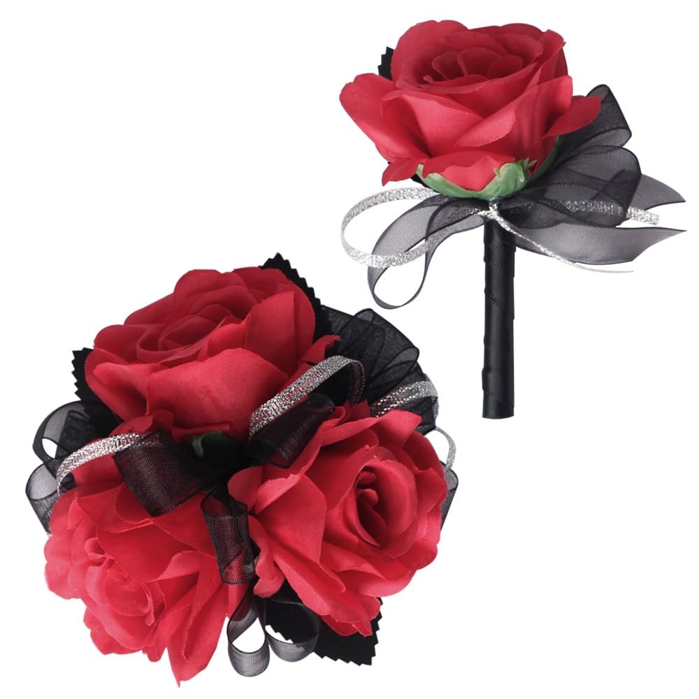 2 PCS Red Rose Wrist Corsage Wristlet Men Boutonniere Set Wedding Prom Flower