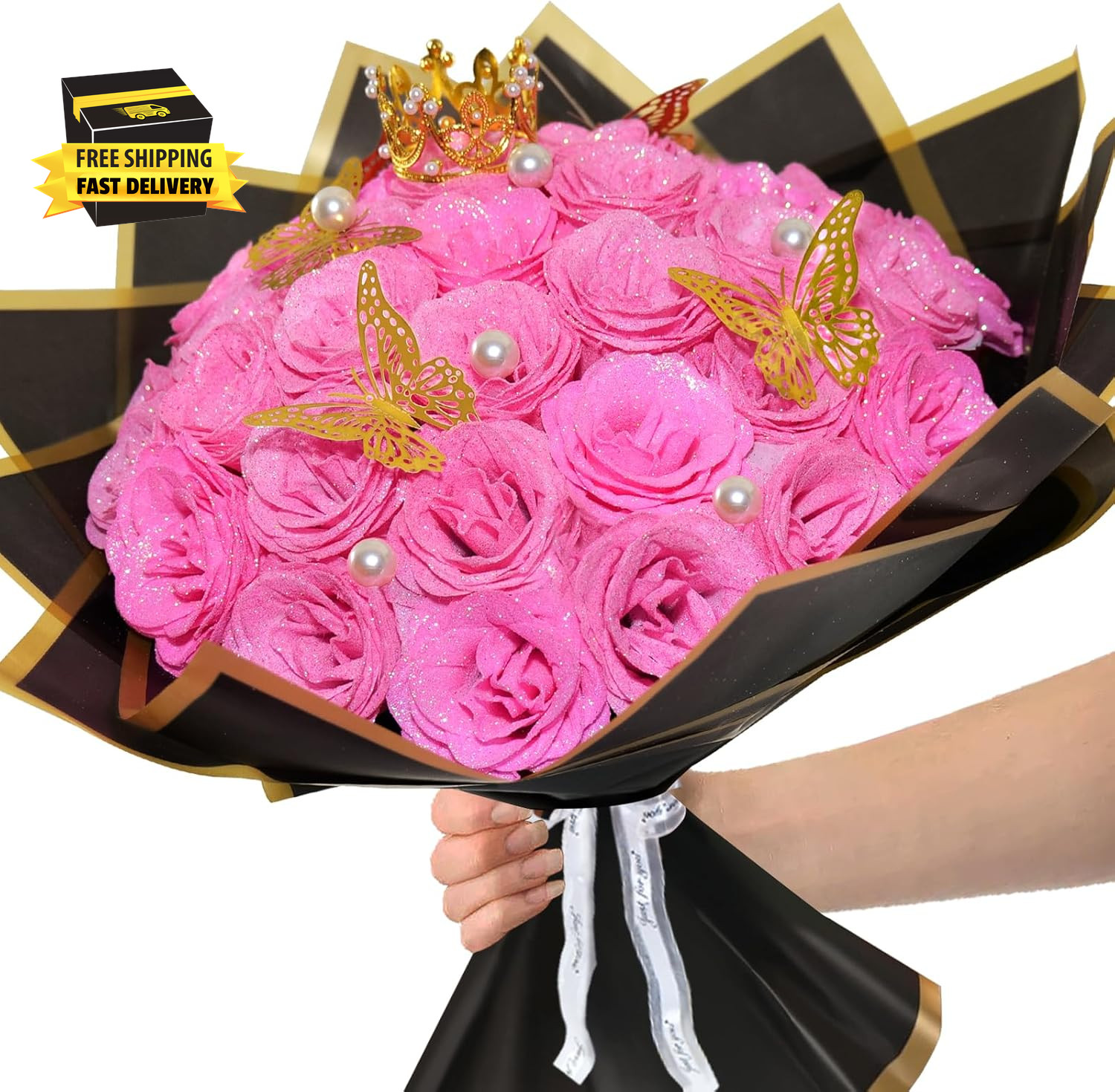 Pink Glitter Roses Bouquet, 24 Pcs Shiny Glitter Flowers Bouquet, Everlasting Ar