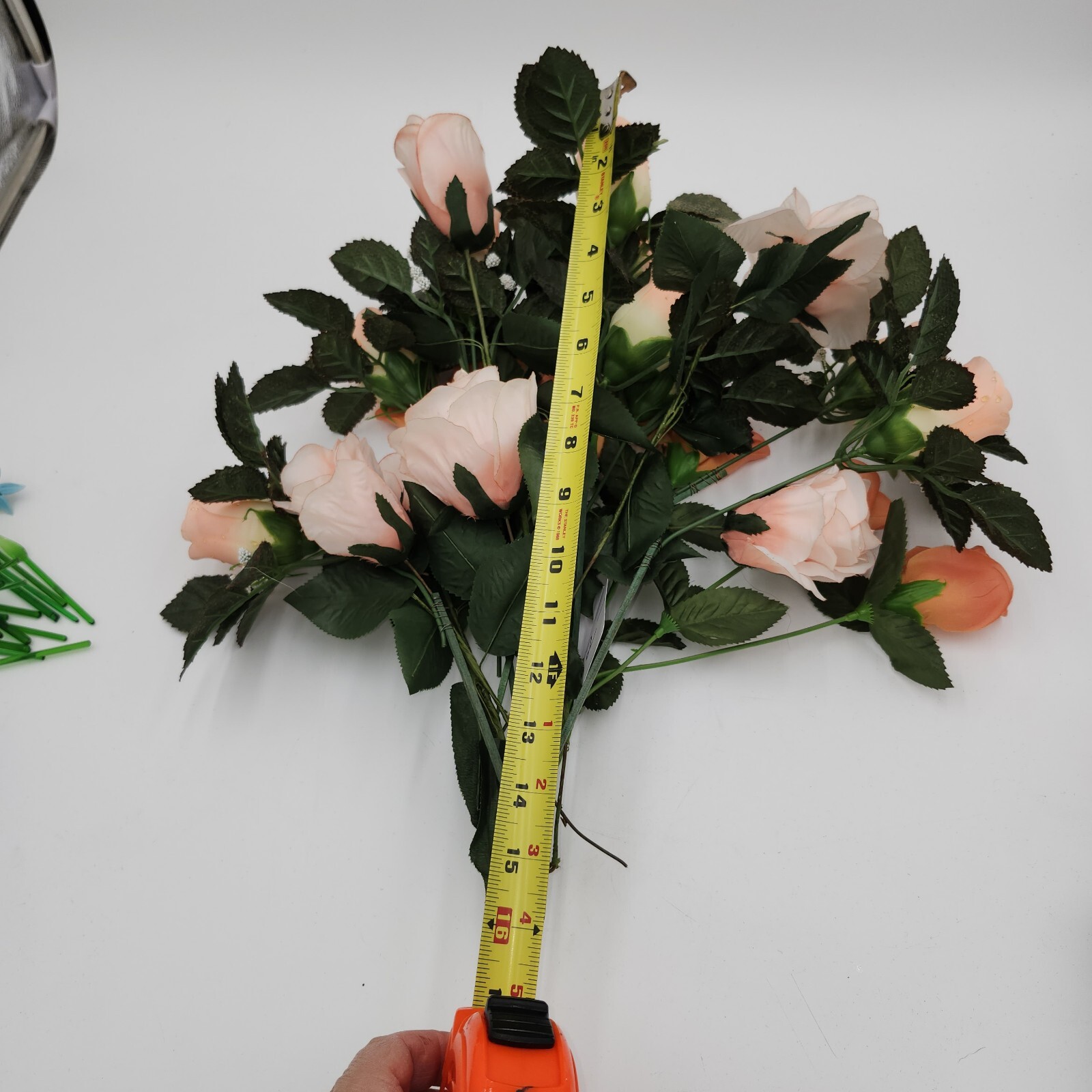 vintage faux fake artificial flowers peach roses w/raindrops 16″