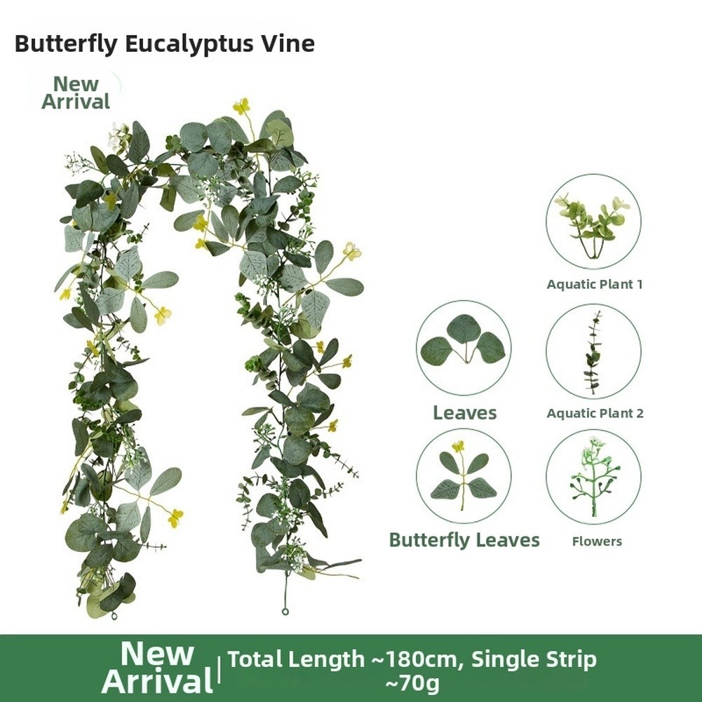 180cm Faux Eucalyptus Vine Garland with Butterfly Motifs for Rattan Style Decor