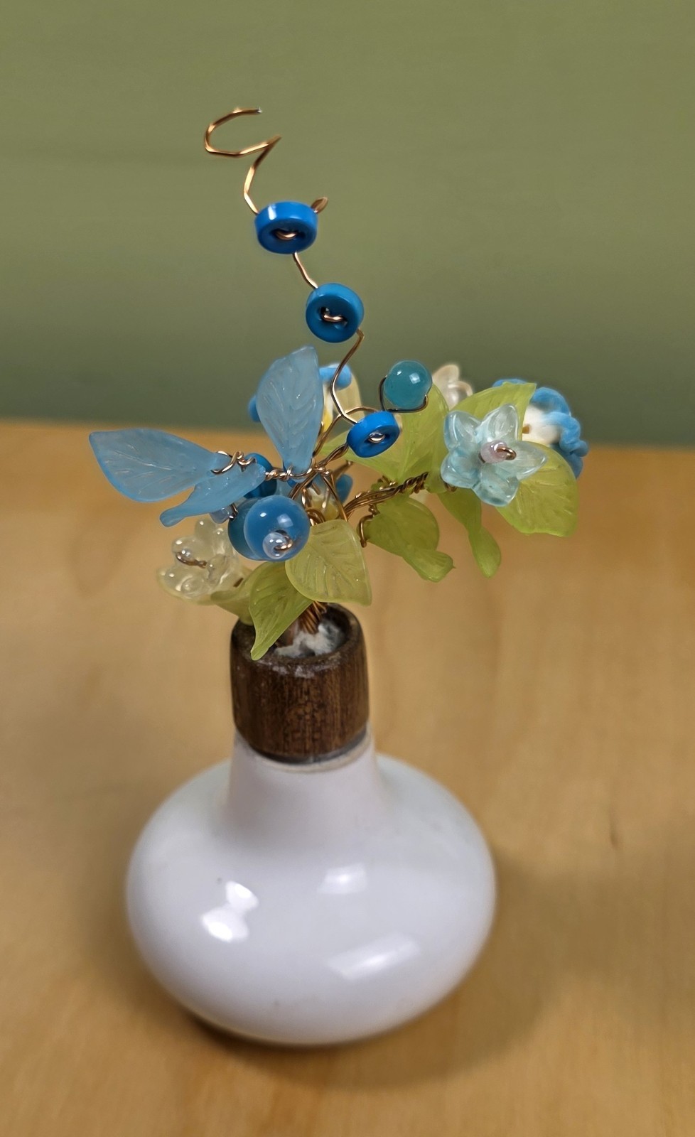 Forever Beaded Flower Bouquet – Glass & Acrylic in Doorknob Vase – OOAK – Blue