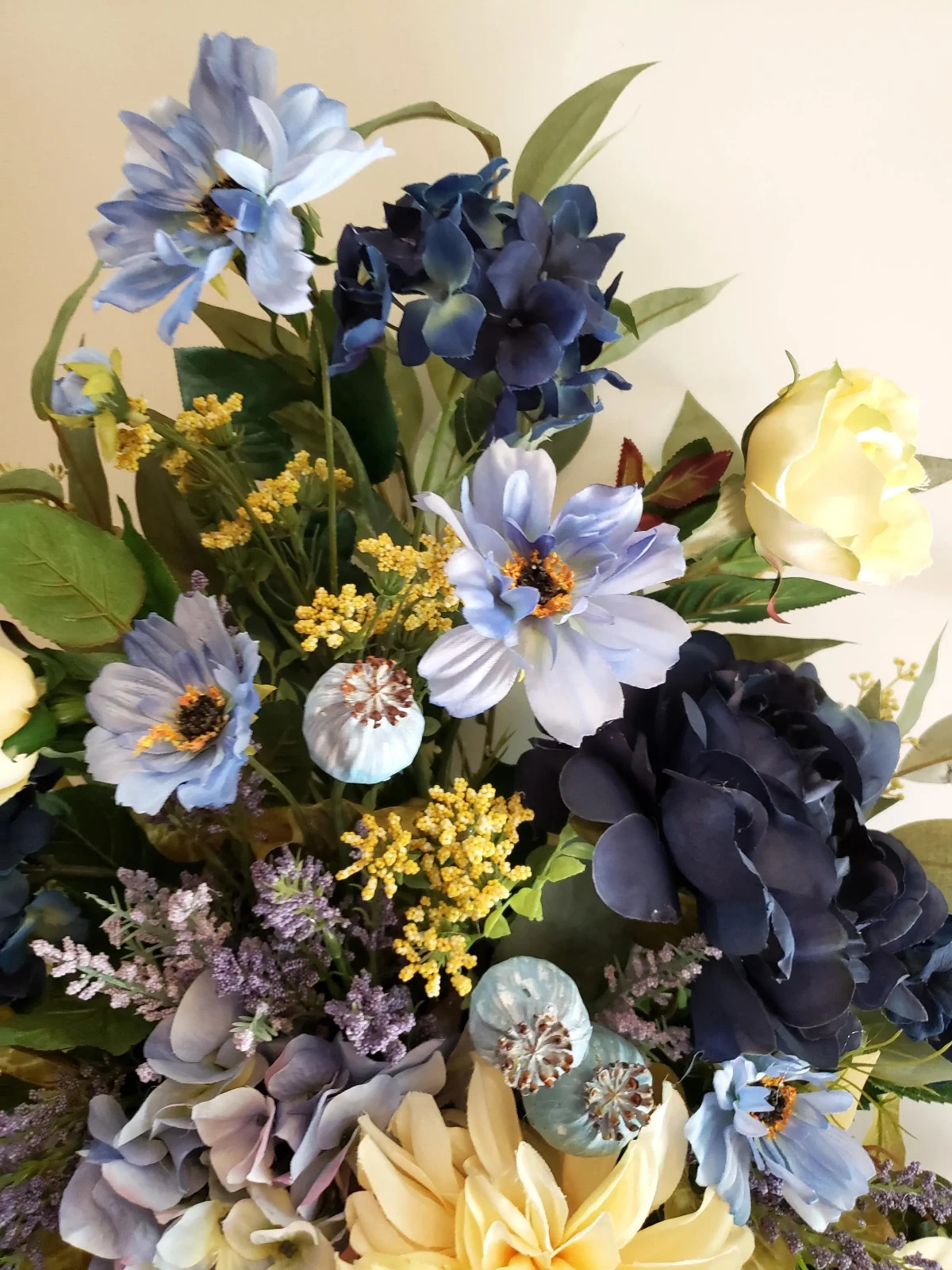 Blue Hydrangea Galvanized Door Basket, Farmhouse Floral Arrangement, Summer