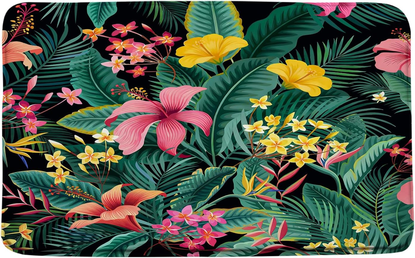 Tropical Leaves Flower Bath Mat Green Palm Banana Leaf Pink Floral Plant Botanic