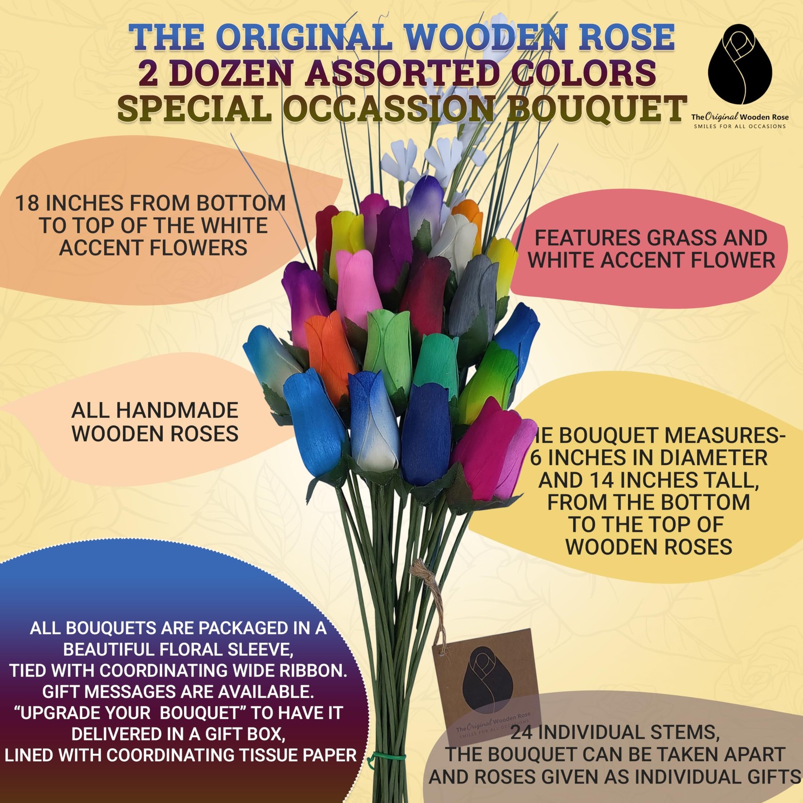 Assorted Colors Wooden Rose Closed Bud Bouquets 2 Dozen Floral Decor Gift