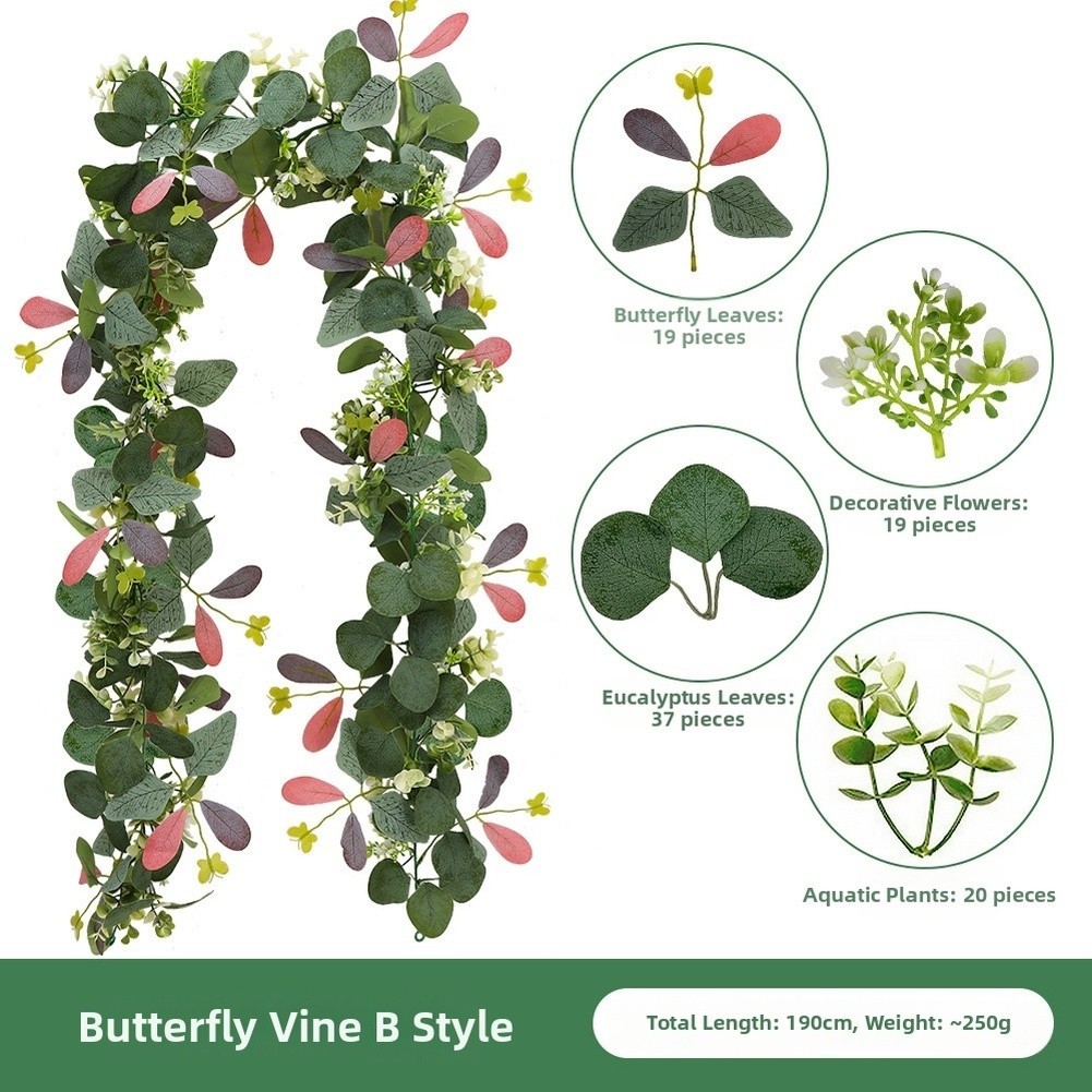 180cm Faux Eucalyptus Vine Garland with Butterfly Motifs for Rattan Style Decor