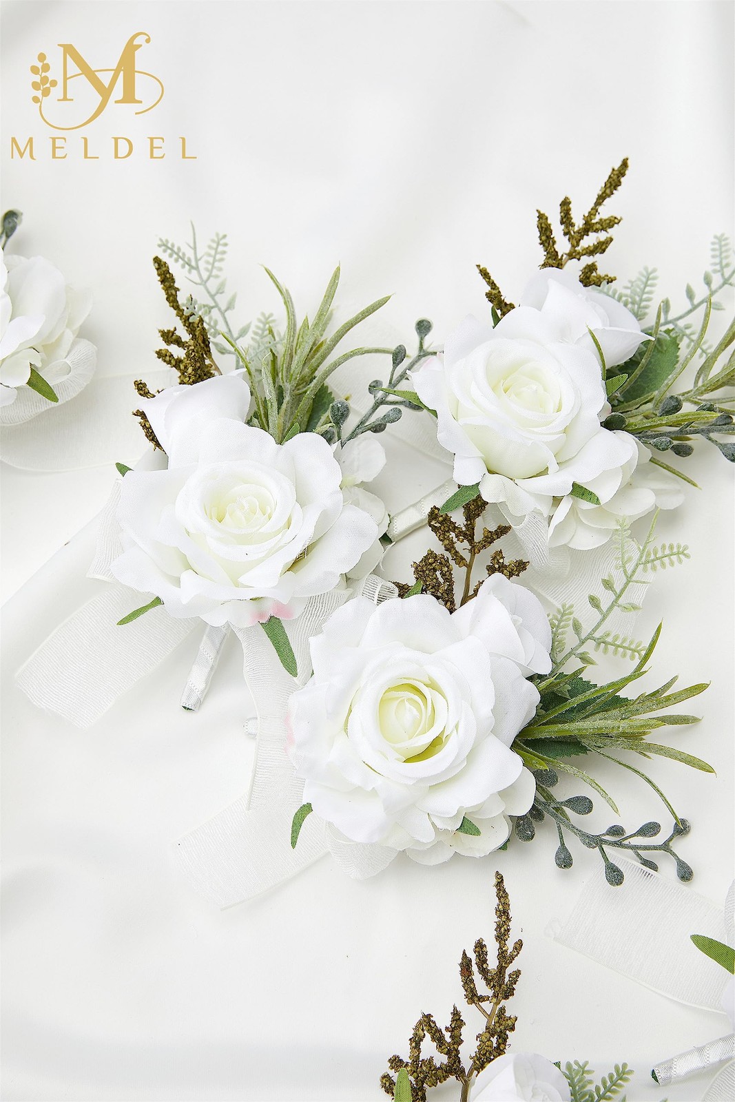6 PCS Elegant Artificial White Rose Boutonniere For Men Wedding Prom Groom