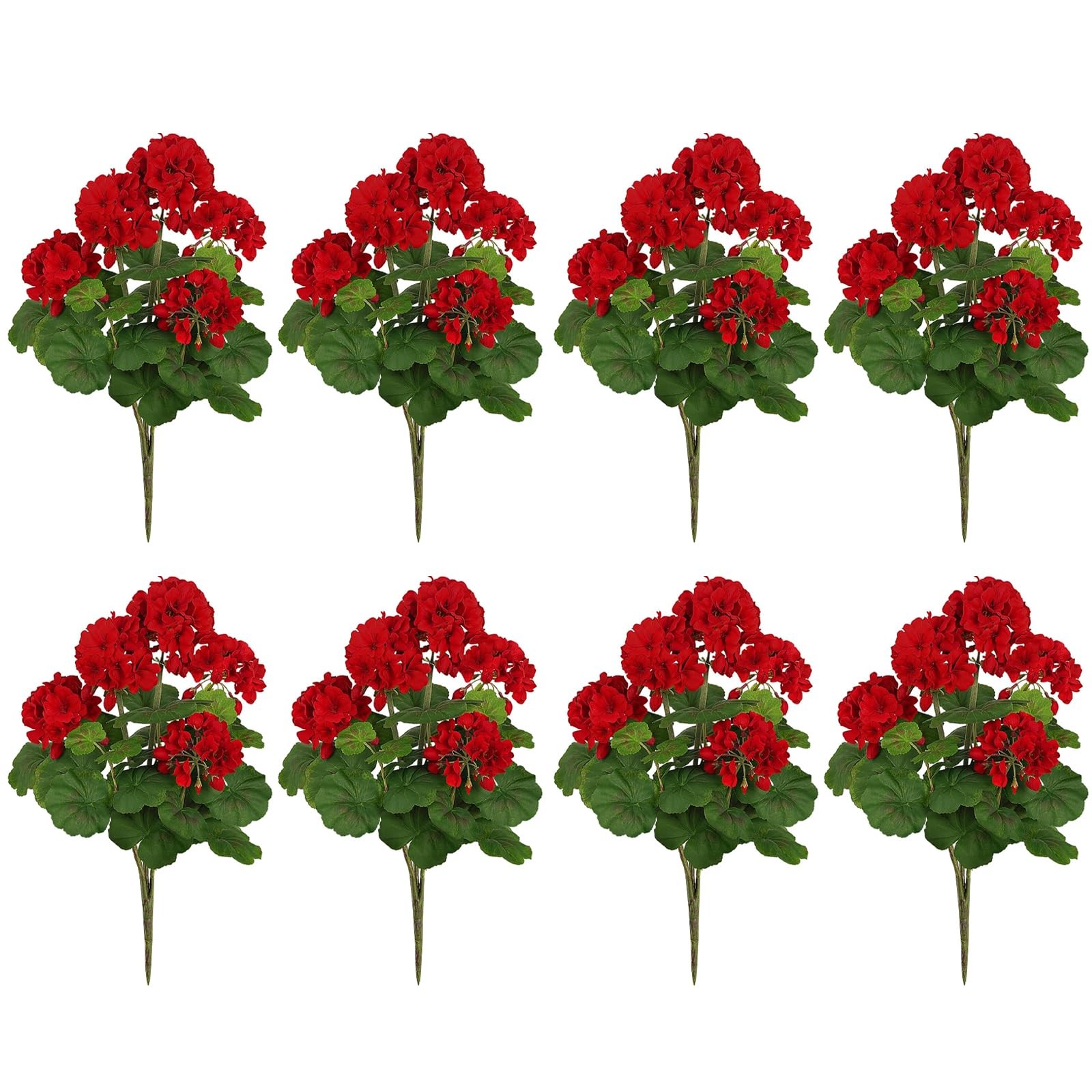 8 Bundles Artificial Geraniums for Outdoors – Red Silk Fake Flowers – UV Resi…