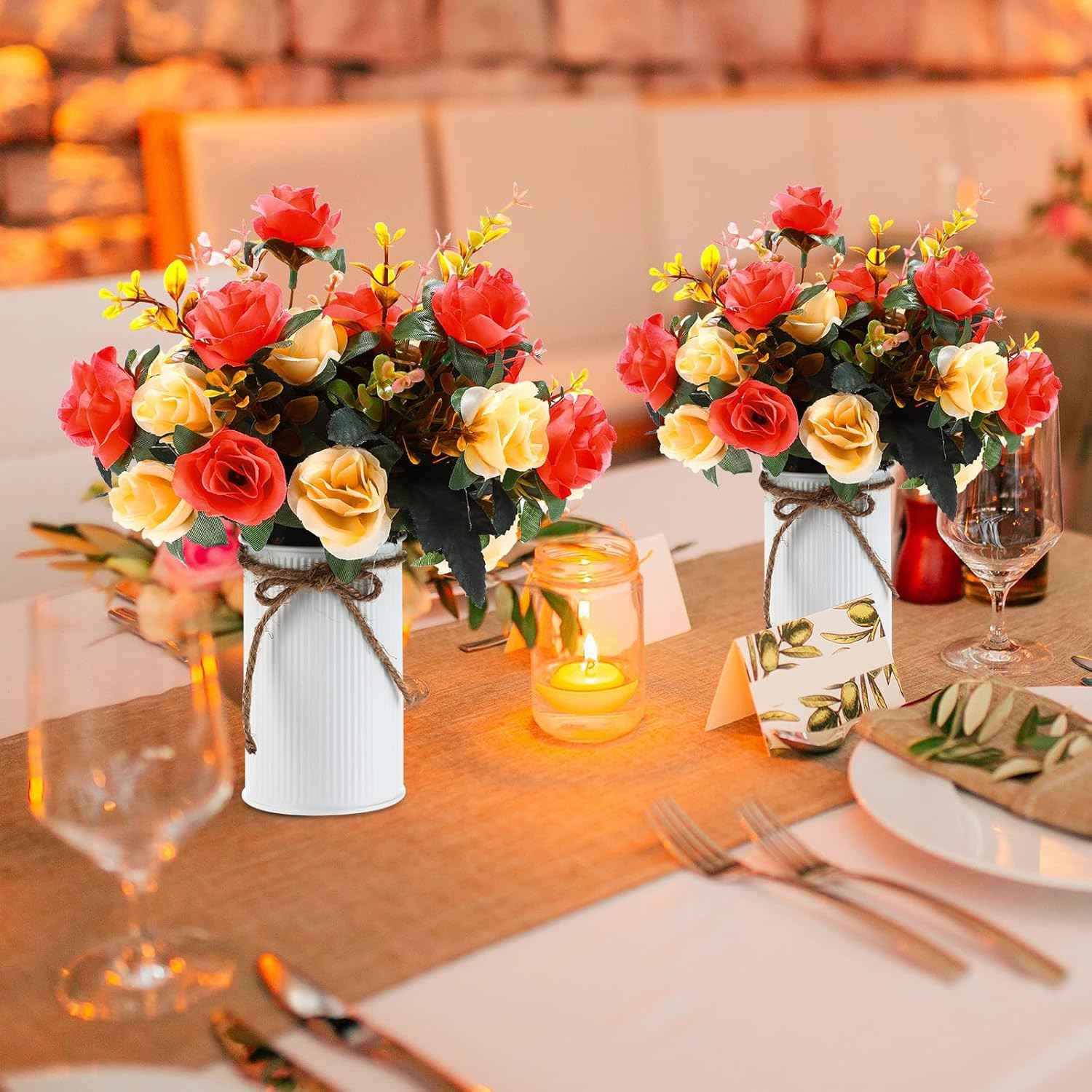 12 Sets Orange Rose Centerpiece with Vase for Valentine’s Day Decor
