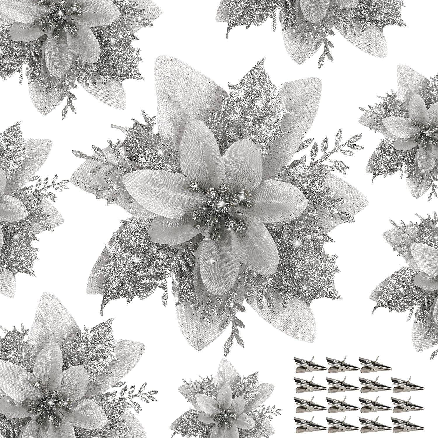 15 Silver Glitter Poinsettia Clips with Stems – Christmas Tree Decorations and D
