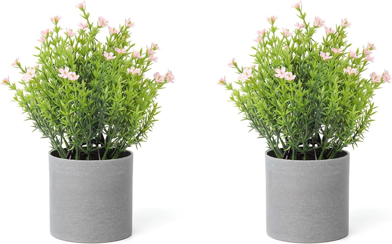 2 Pack Faux Thyme Flower Desk Plants in Vintage Pots for Home & Office Decor
