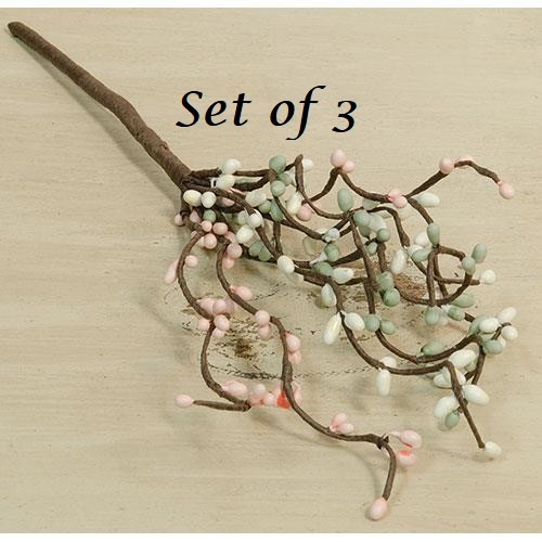NEW PRIMITIVE Pip Berry Picks Stems 12″T GREEN PINK CREAM 3 pcs Crafts Cottage