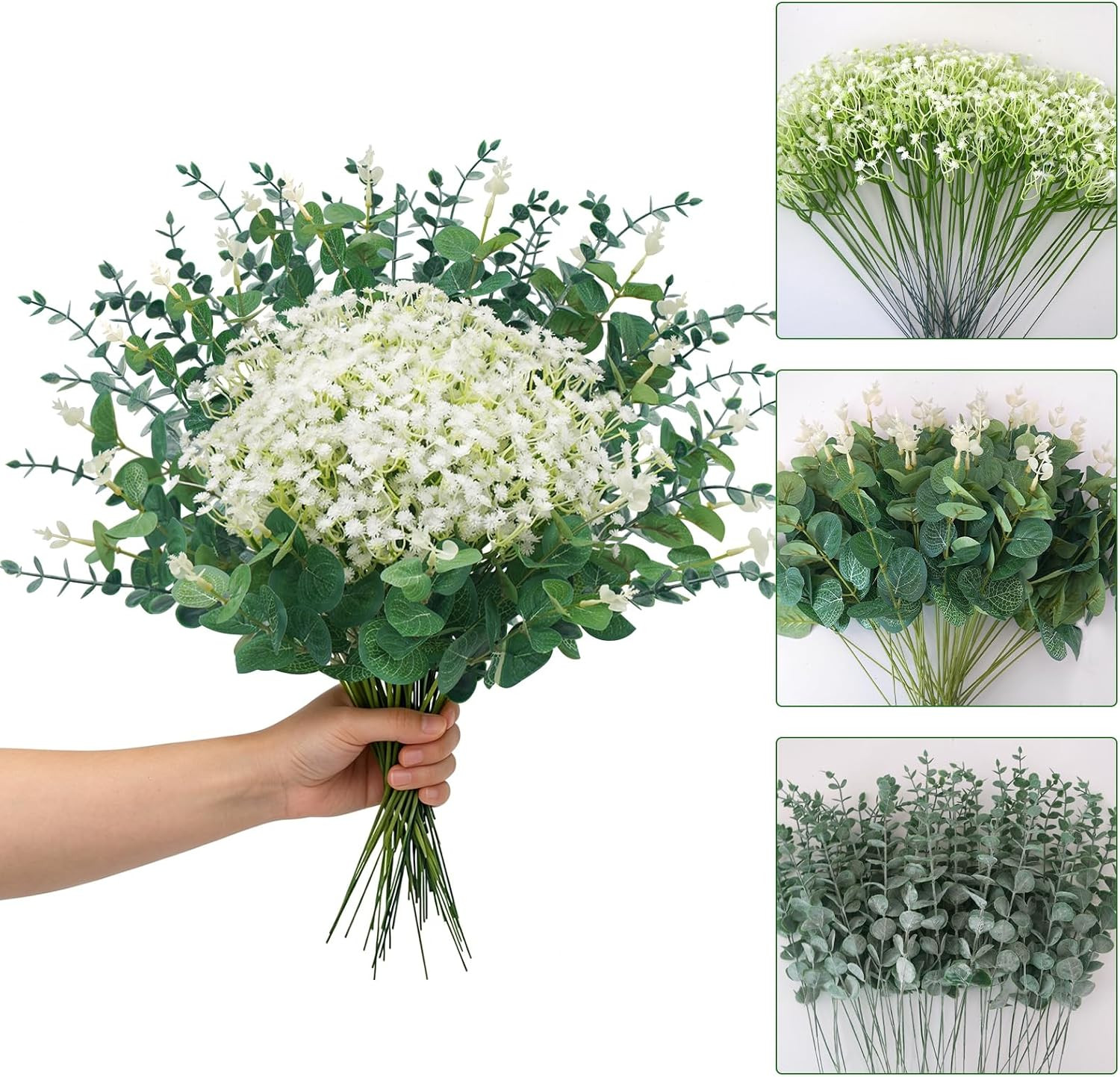 200Pcs Eucalyptus & Babys Breath Artificial Flowers for Weddings & Parties