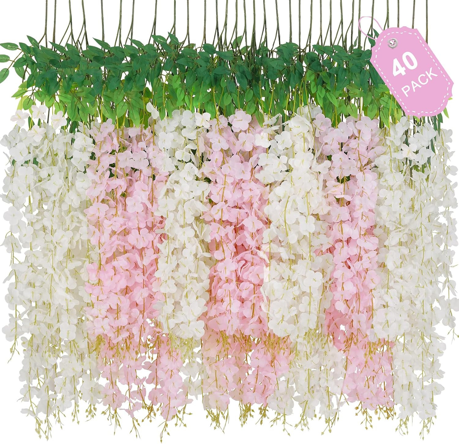 40 Pack Wisteria Hanging Flowers – Artificial Vines for Home, Wedding, Party Dec