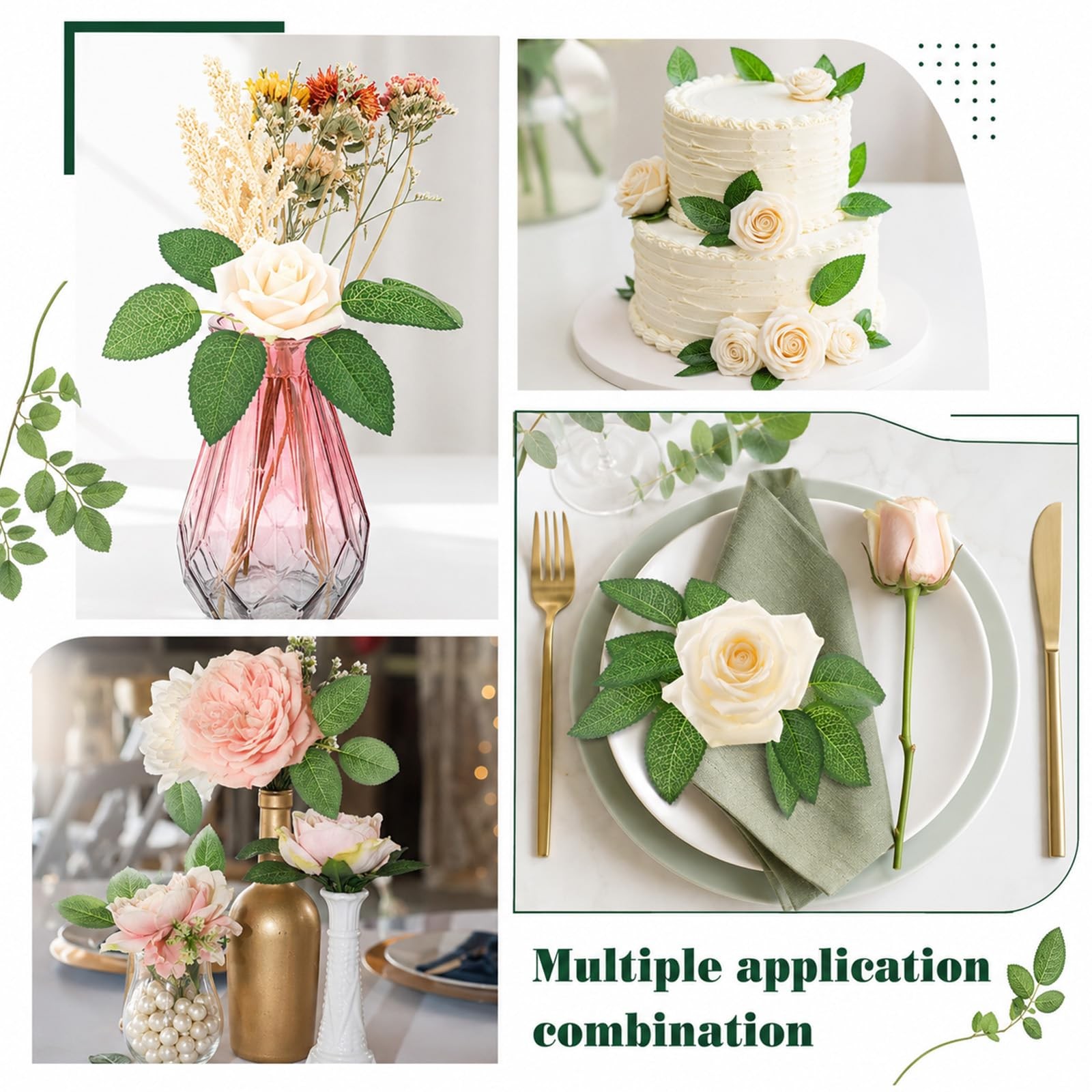 50Pcs Artificial Green Leaves, Faux Rose Flower Leaves Fake Leaves Decoration…