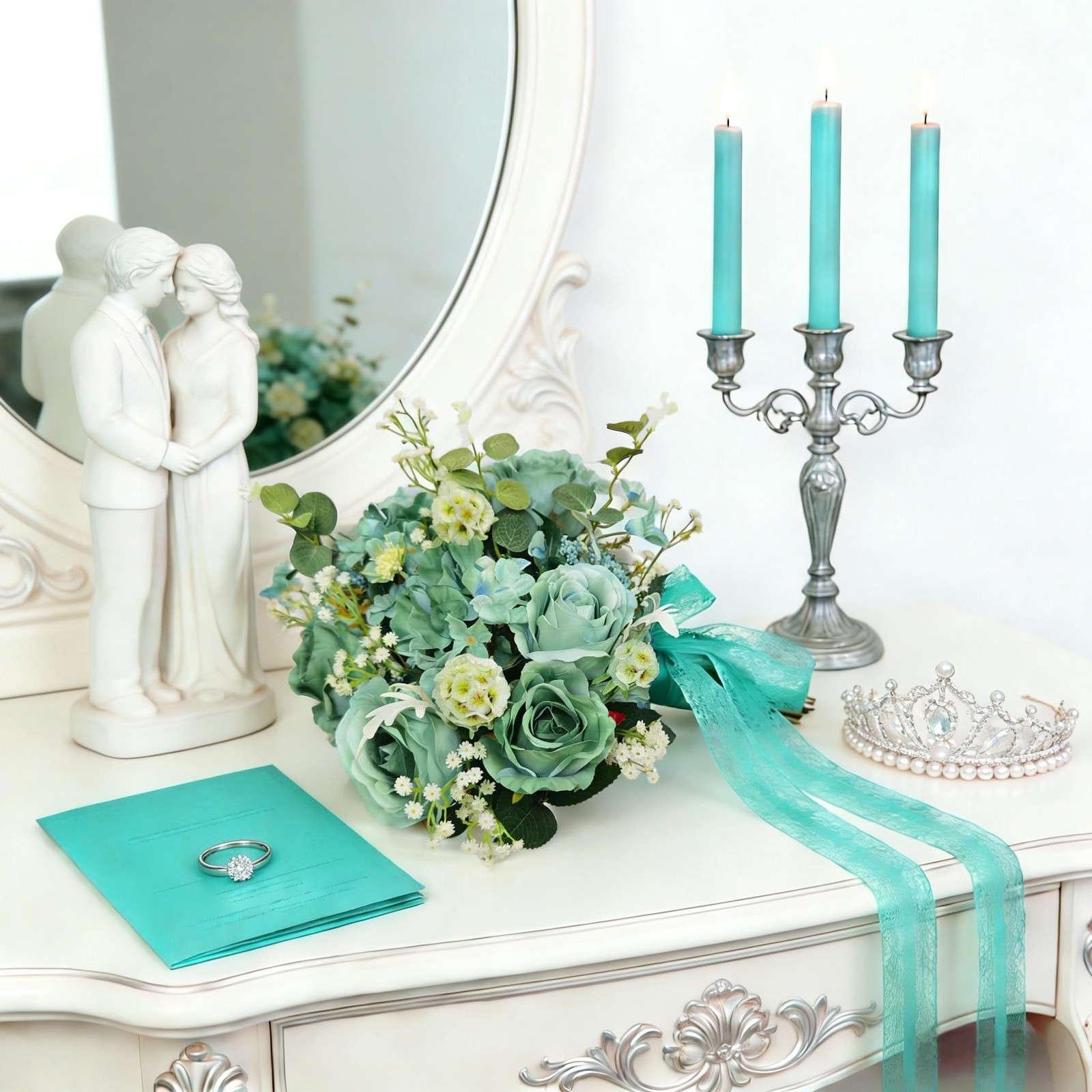 Turquoise Teal Blue Artificial Silk Rose Babys Breath Mixed Flowers Teal Rose
