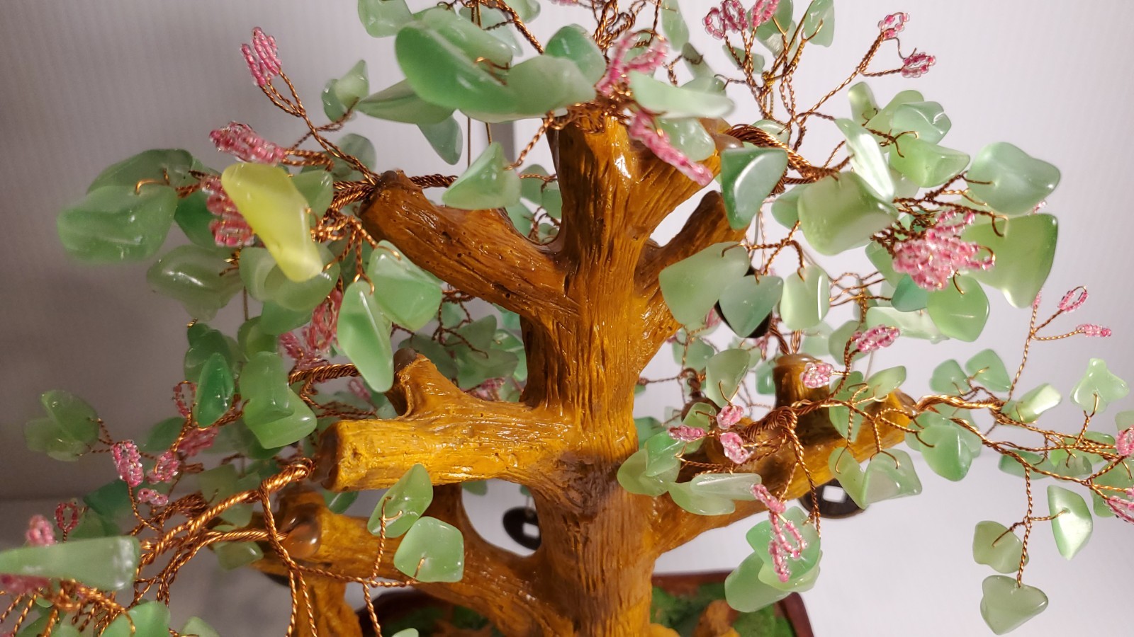 Vintage Bonsai Pink Flowers Green Glass Leaves Good Luck Money Coin Tree