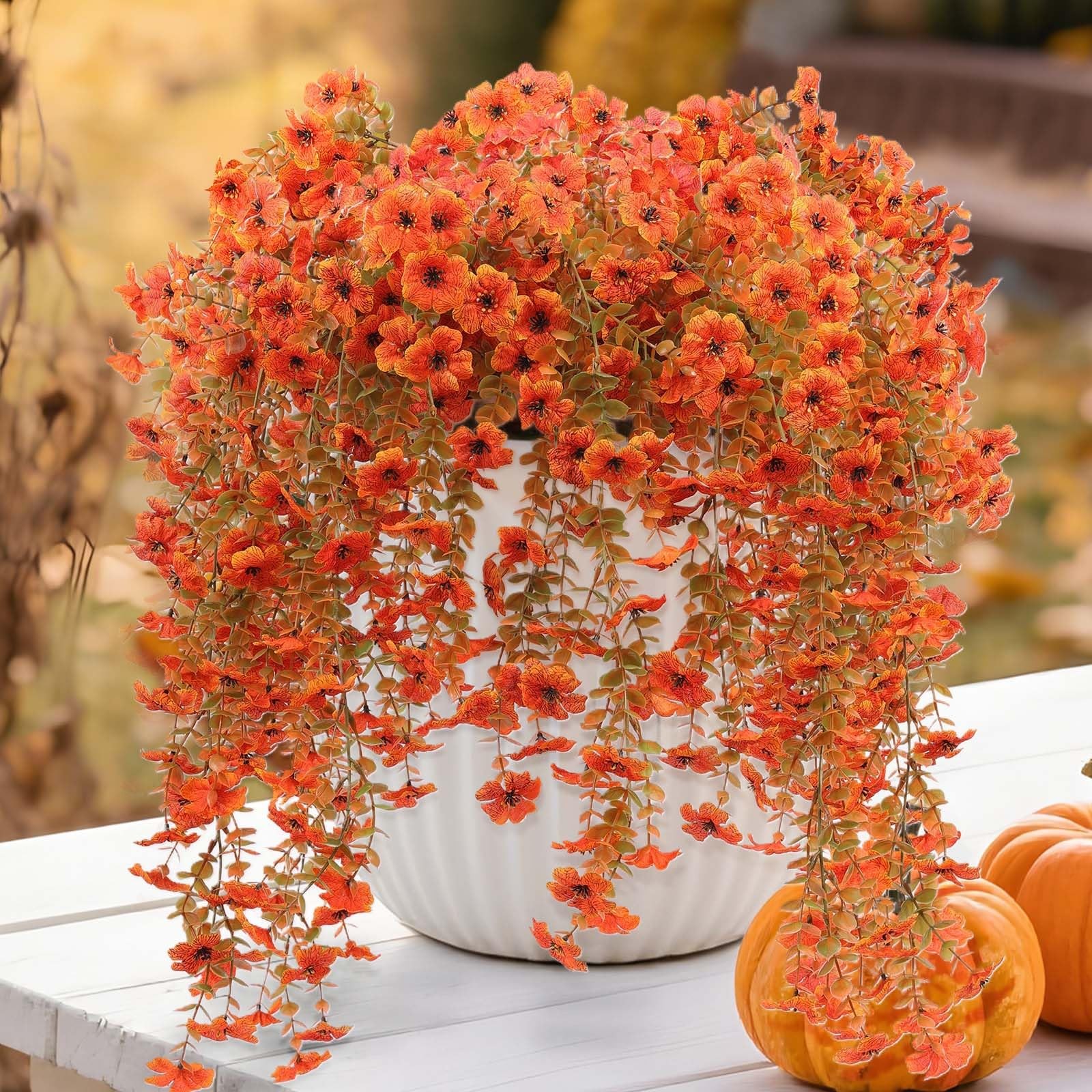 12 Pcs Artificial Hanging Mums Flowers Outdoor, Orange UV Resistant Fake Hang…