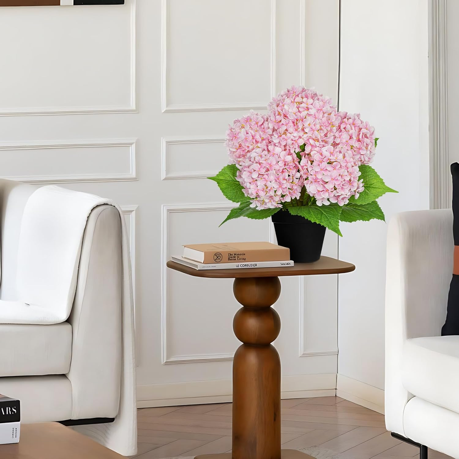 Realistic 18″ Pink Hydrangea Plant in Black Pot for Home & Outdoor Decor