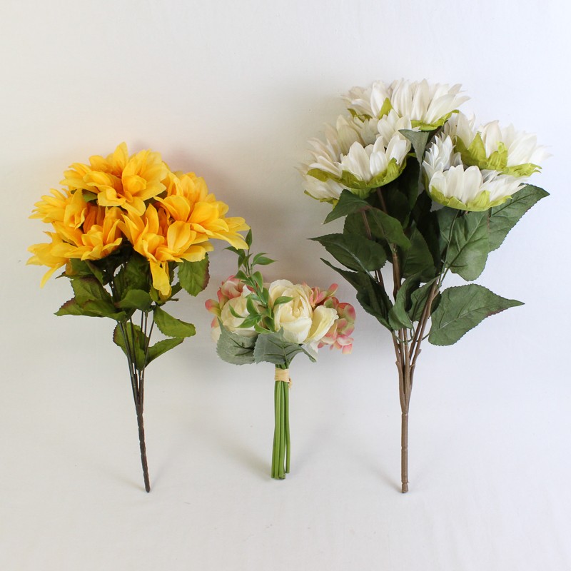 Lot of 3 Springtime Decorative Artificial Flower Bouquets White Yellow Pink