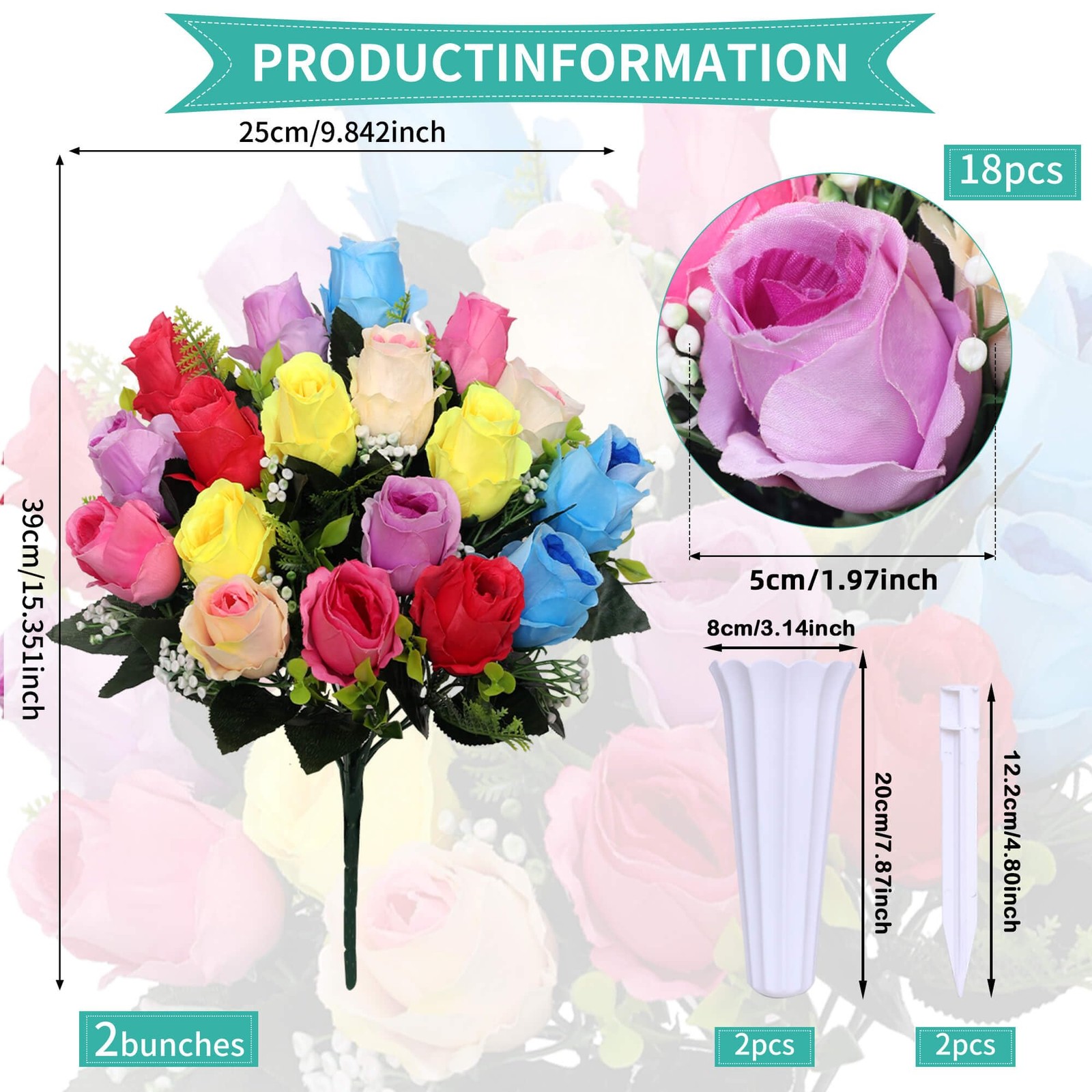 Artificial Cemetery Flowers,Set of 2 Grave Decorations Roses, Tombstone Memor…