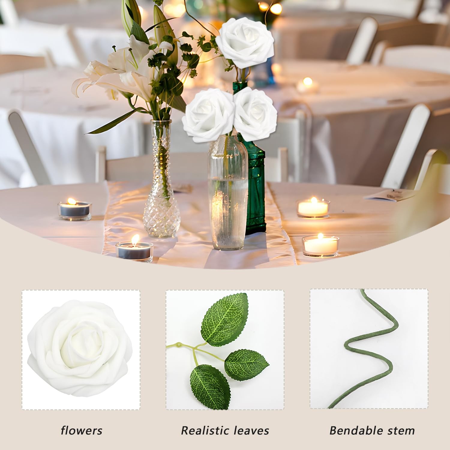 100 PCS Artificial White Roses Real Looking Foam Fake Flower Leaves Heads