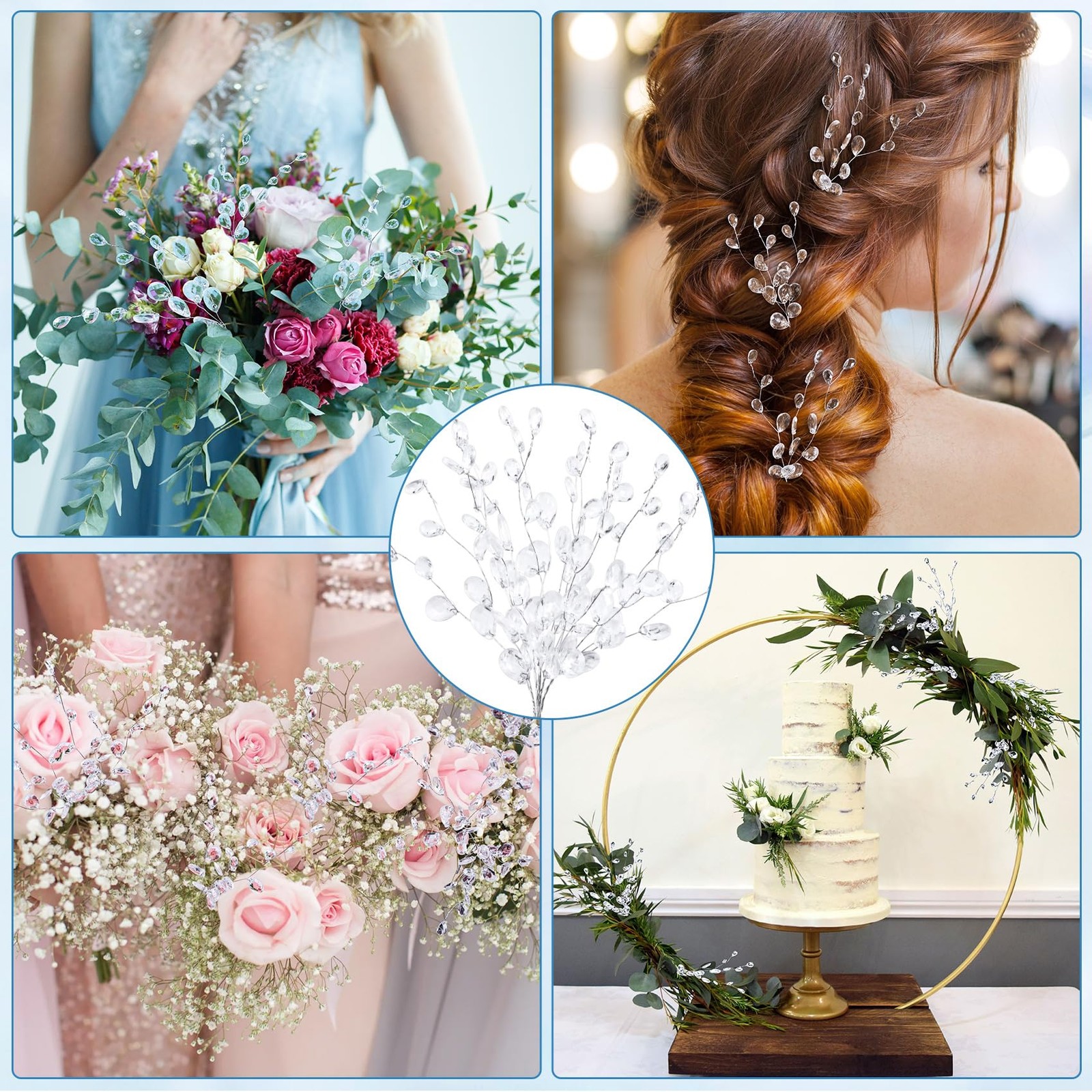 9 PCS Acrylic Crystal Flower Branches Artificial Bead Drop Bouquets Clear