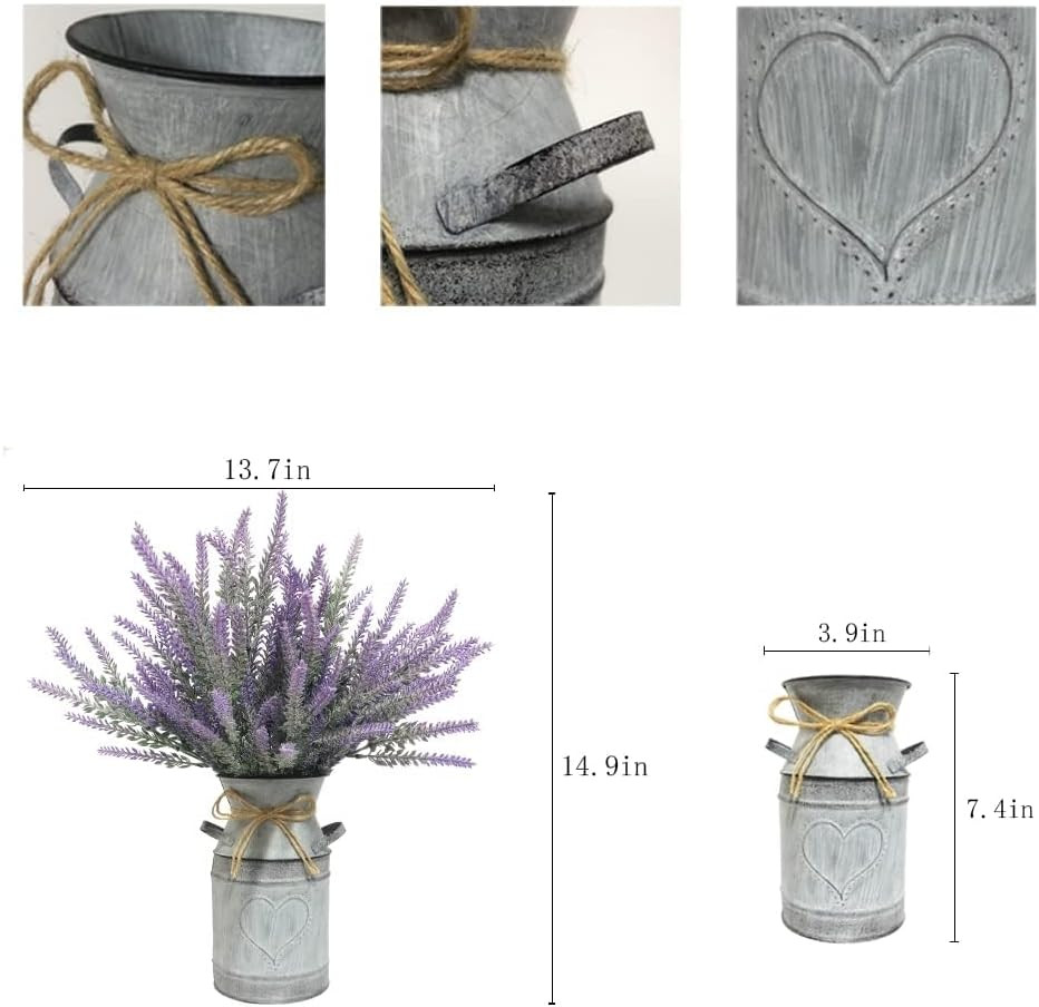 Rustic Artificial Lavender Flowers in Metal Vase for Farmhouse Decor