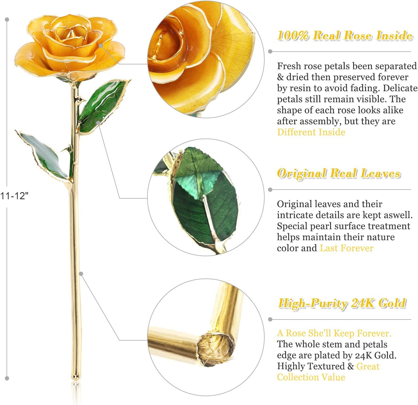 24K Gold Dipped Real Rose W/Rose Stand Forever Blooming Yellow Golden Rose Gift