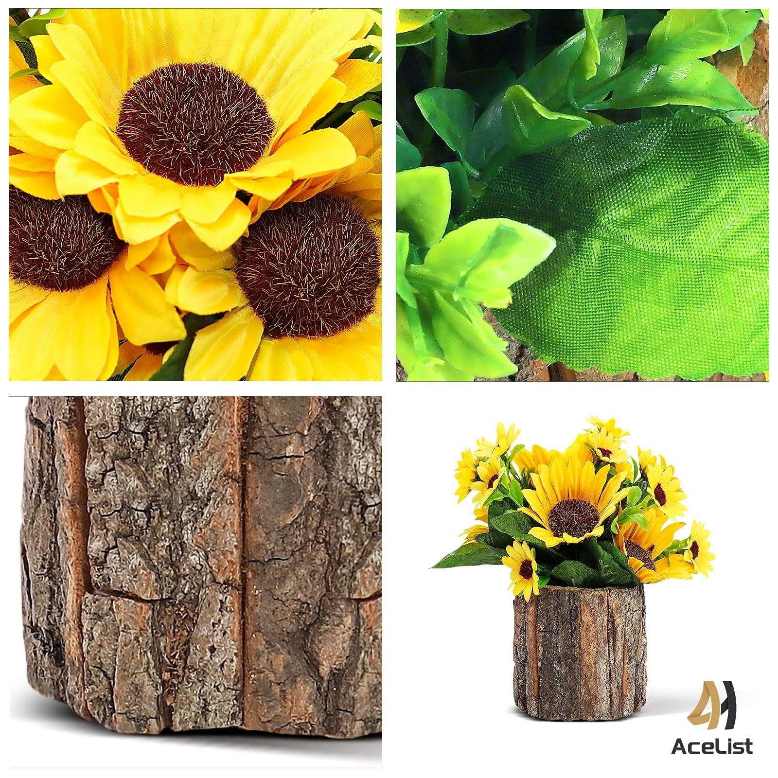 Artificial Sunflowers For Spring Decor Small Potted Flower In Log Planters Table
