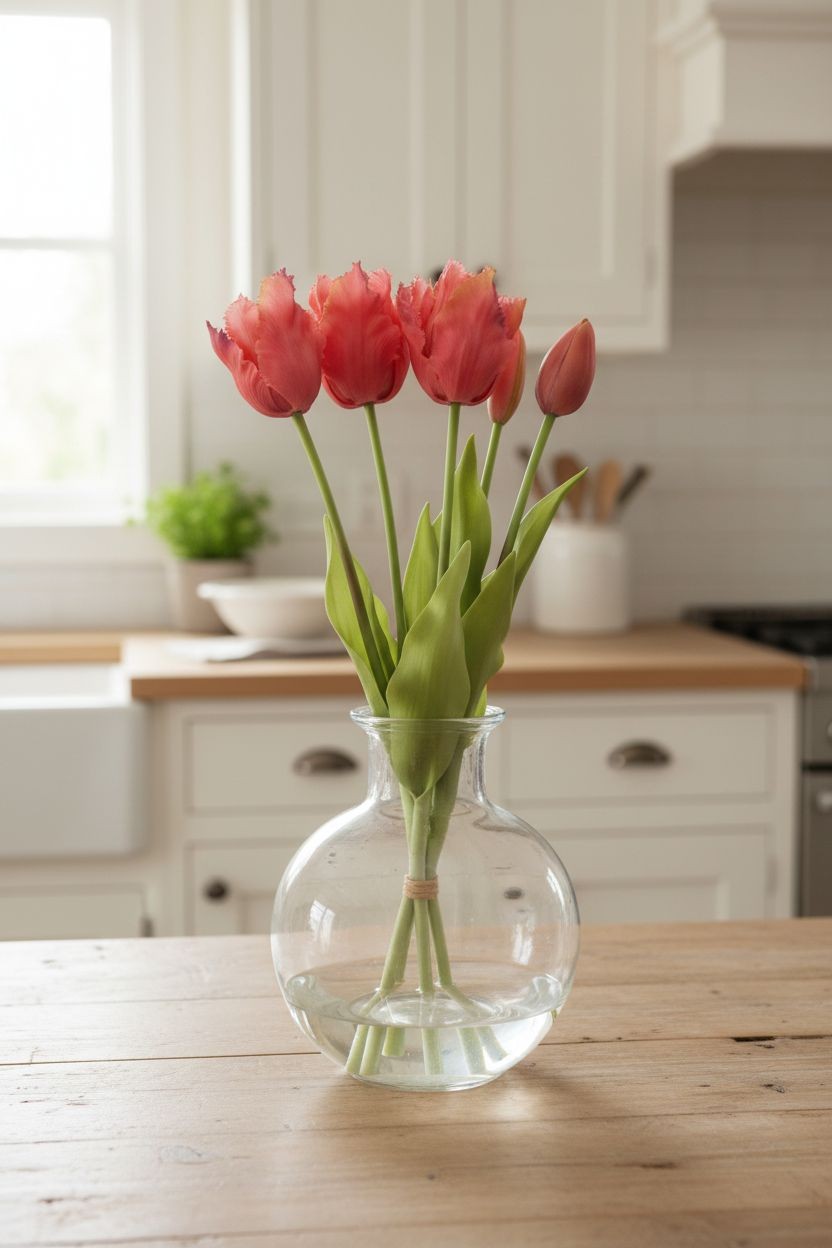 Coral Pink Tulip Bouquet 15 Inch Faux Flowers Purple Tip Spring Decor Farmhouse